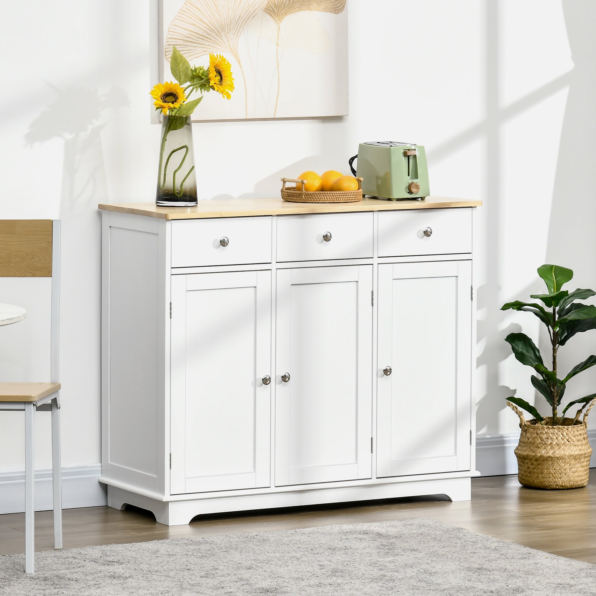 Sideboard Storage Cabinet with 3 Doors, 3 Drawers, Adjustable Shelves, White/Rubber Wood Top