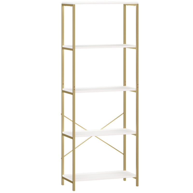 5-Tier Bookshelf Modern Bookcase with Metal Frame, White and Gold Tone