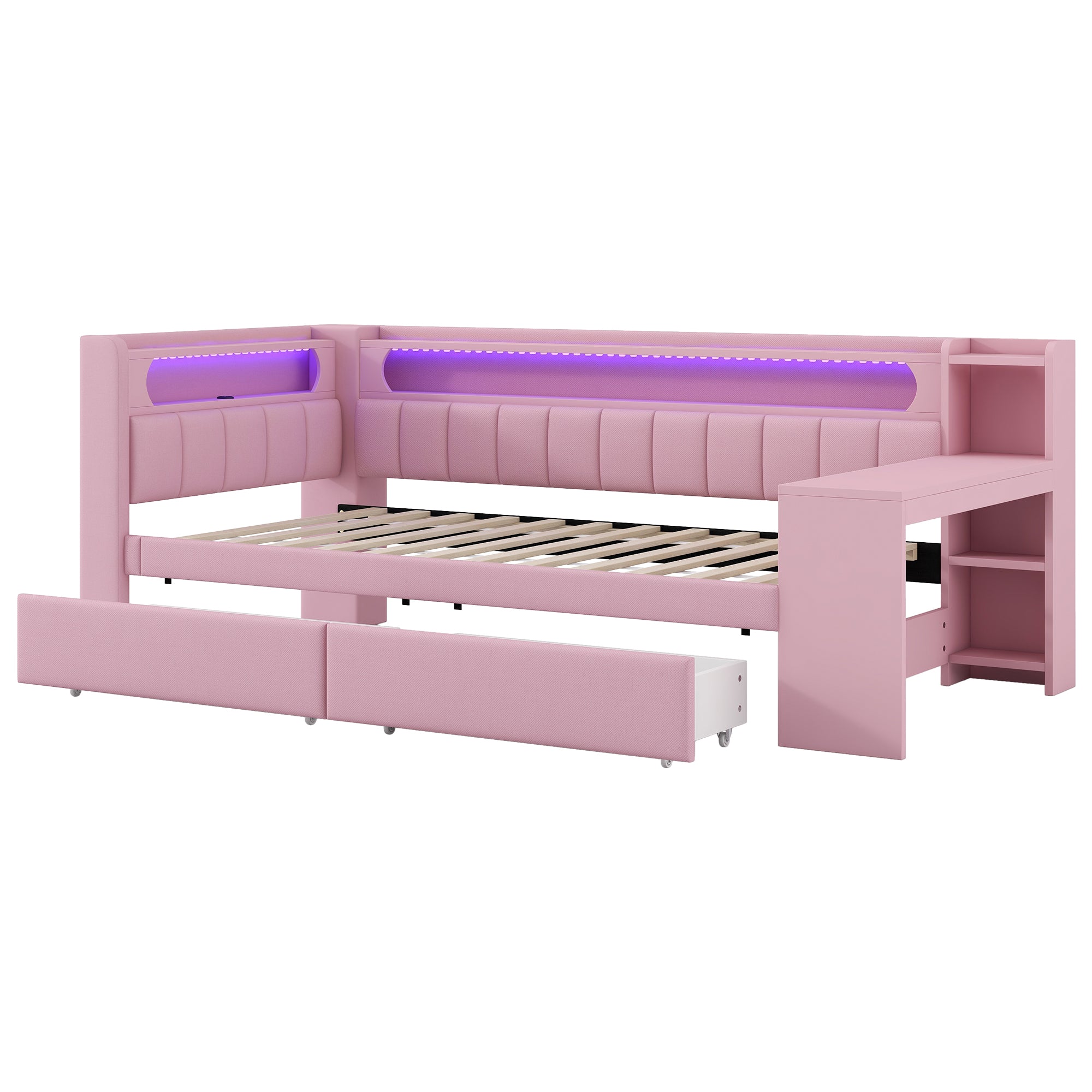 Upholstered Daybed 90x200cm USB LED Desk 2 Drawers - Pink