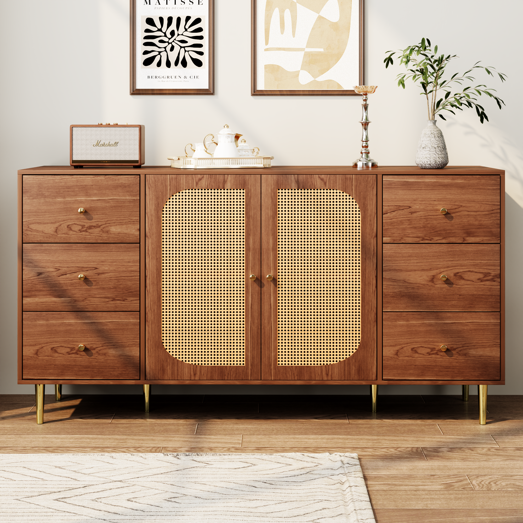 Rattan Sideboard Storage Cabinet with Drawer 160x40x90cm Brown Wood