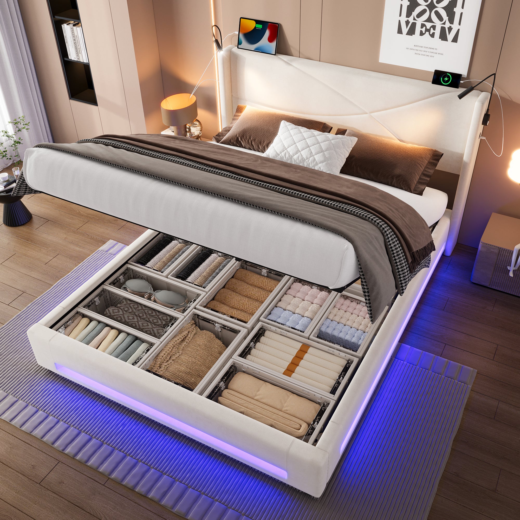 Bed Frame, Modern with Reading Lights, LED, Hydraulic Storage, USB Ports, 140x200cm
