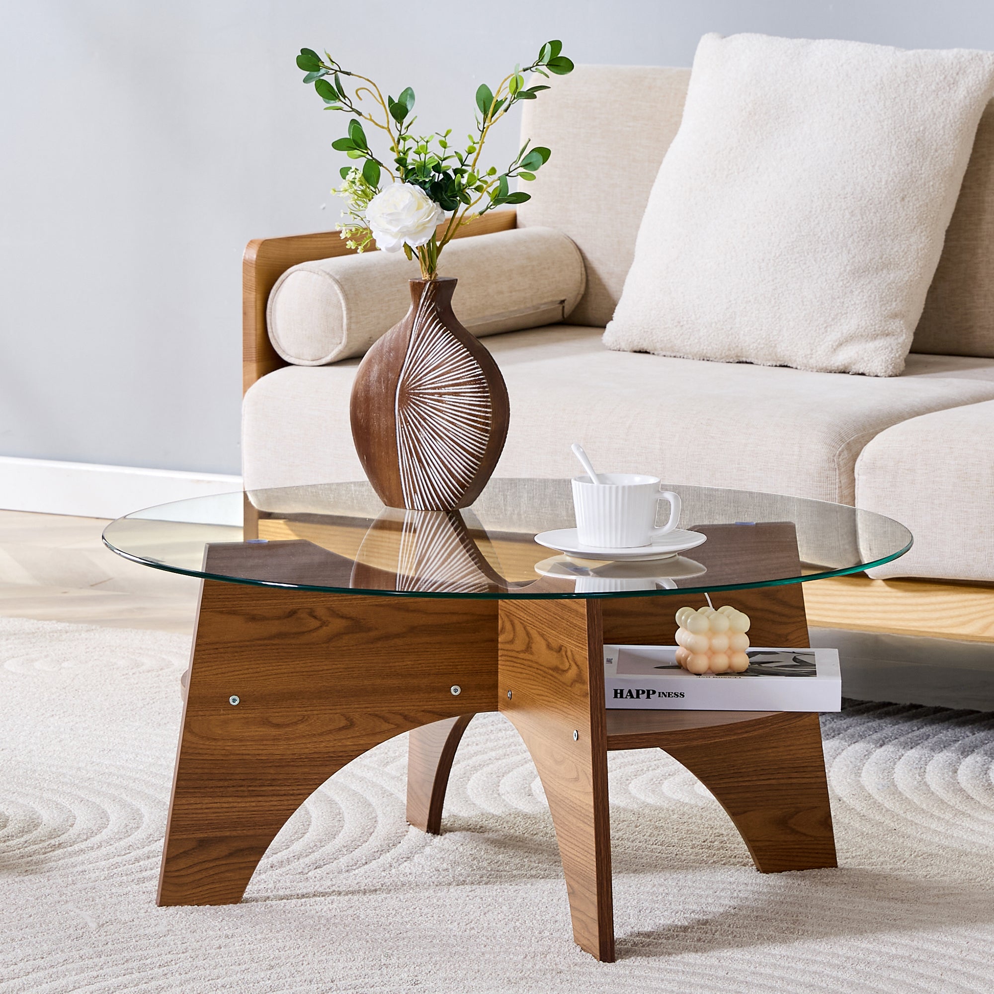 Round Side Table Ø 80 cm Safety Glass Top Multifunctional Walnut-Finish MDF