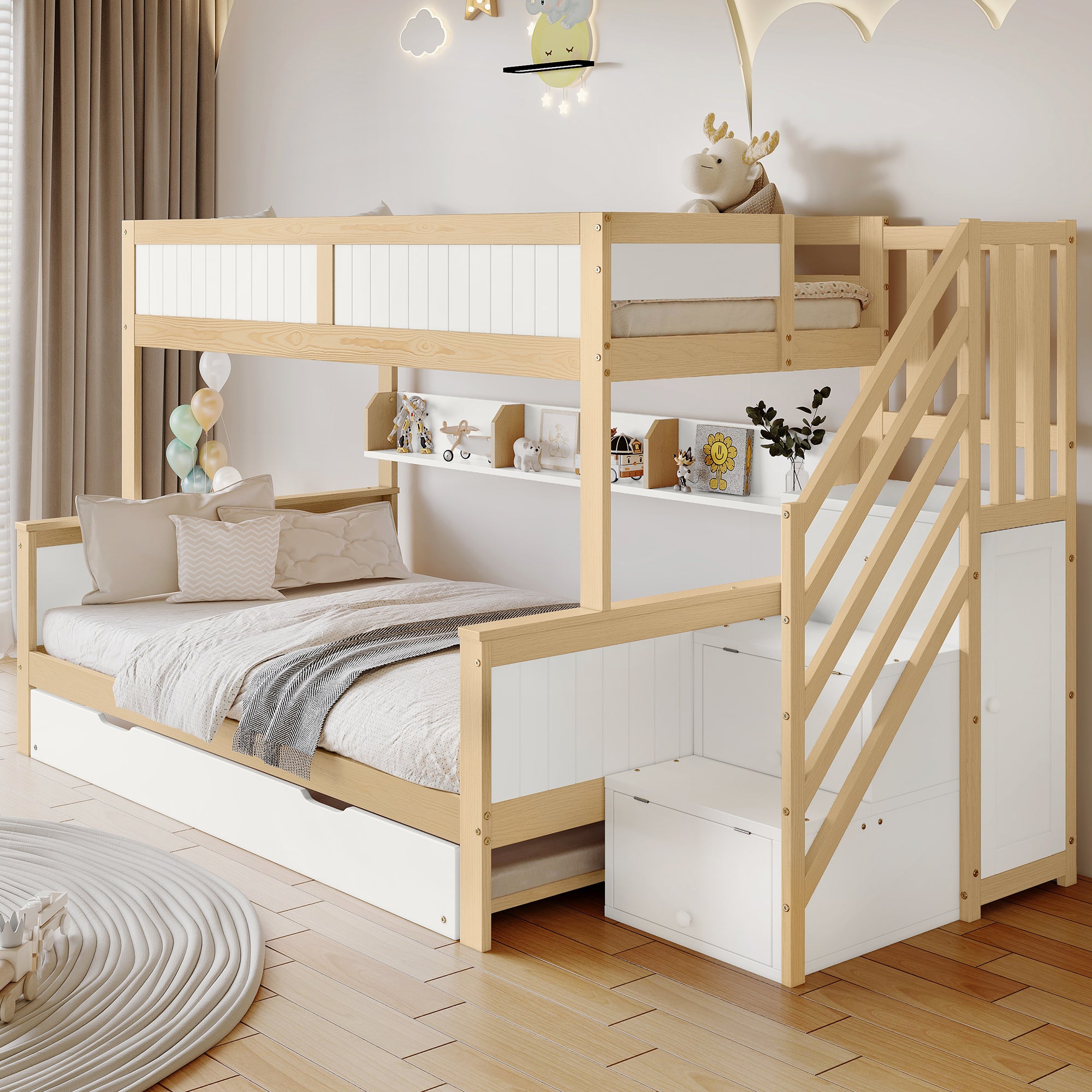 Bunk Bed, Trundle & Wardrobe, Corner Stairs, Pine+MDF, White+Natural