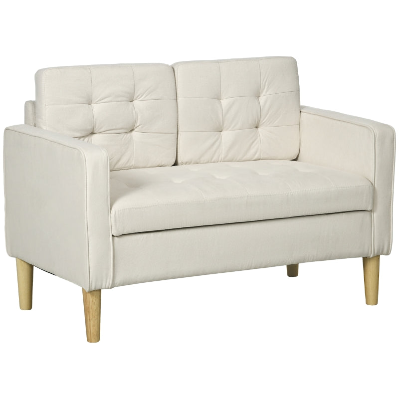 Modern Loveseat Sofa, 2 Seater with Hidden Storage, Tufted Cotton, Cream White