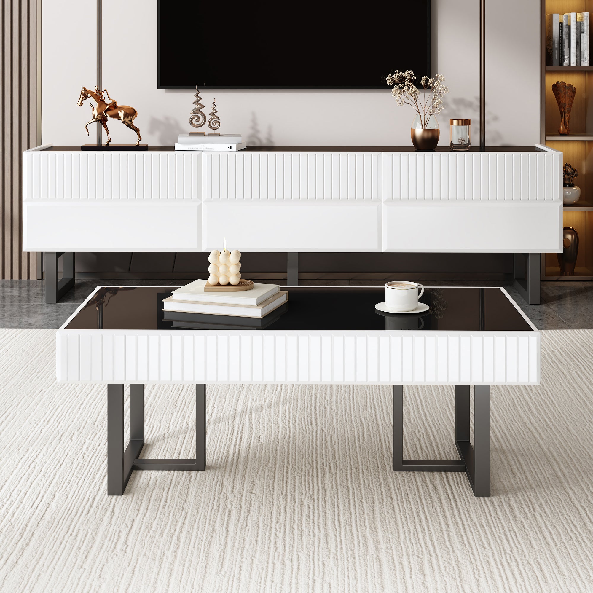 Modern Minimalist Coffee Table & TV Stand Storage Set, Black and White Stripes