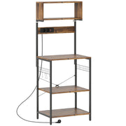 Freestanding Kitchen Shelf 5 Shelves 5 Hooks Power Outlet - Rustic Brown