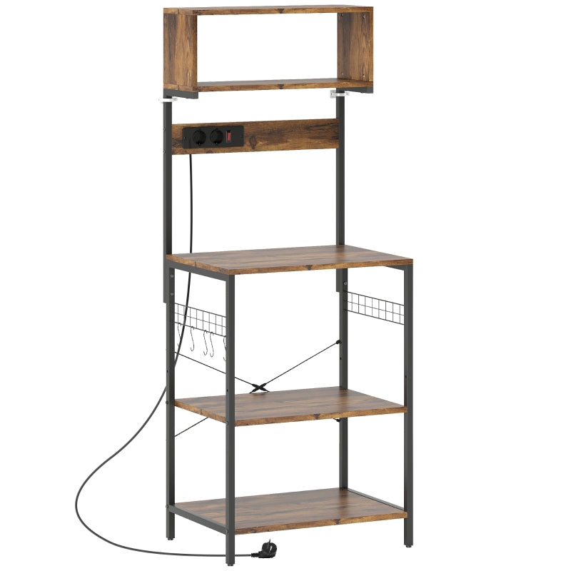 Freestanding Kitchen Shelf 5 Shelves 5 Hooks Power Outlet - Rustic Brown