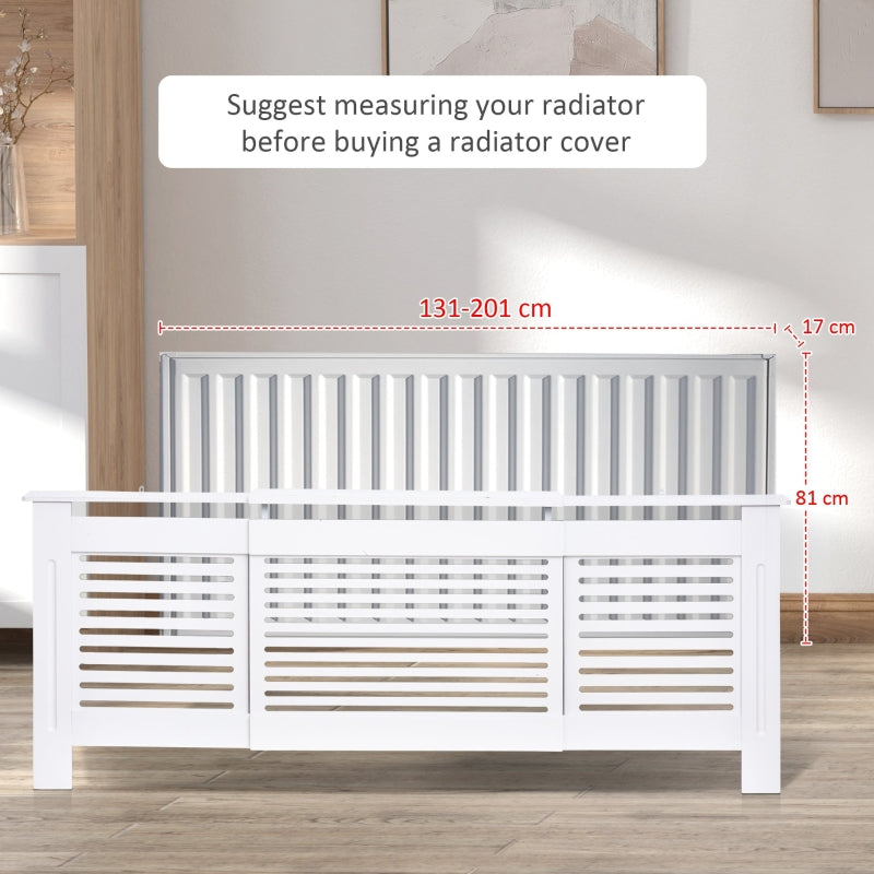 MDF Extendable Radiator Cover Cabinet Shelving Slatted Design (139-208.5L x 20.5W x 82.5H cm) White
