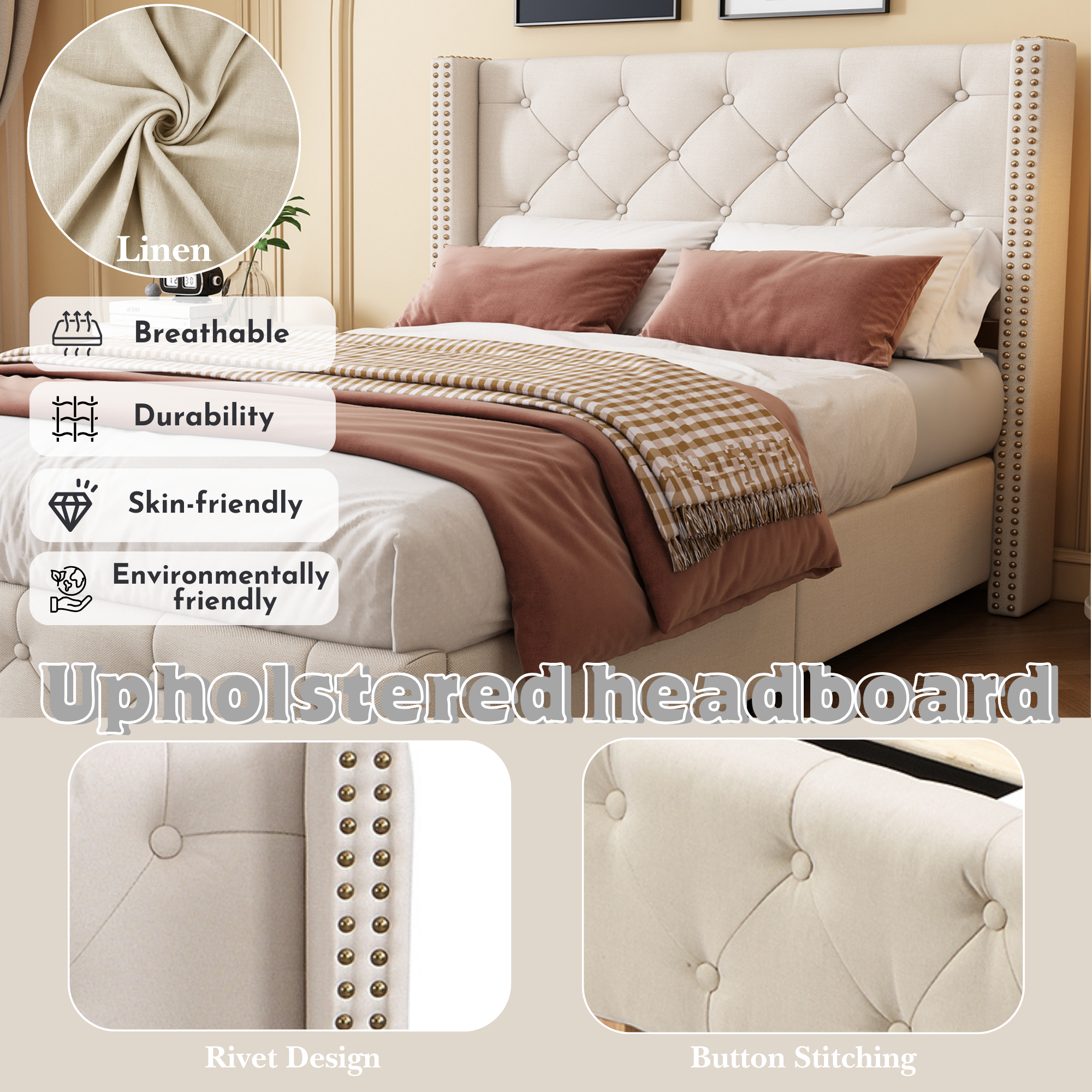 Upholstered Bed, Single Bed-3ft(90*190cm) with Slatted Frame and Headboard, Button Upholstery, Rivet Upholstery, Wooden Legs, Linen, Beige