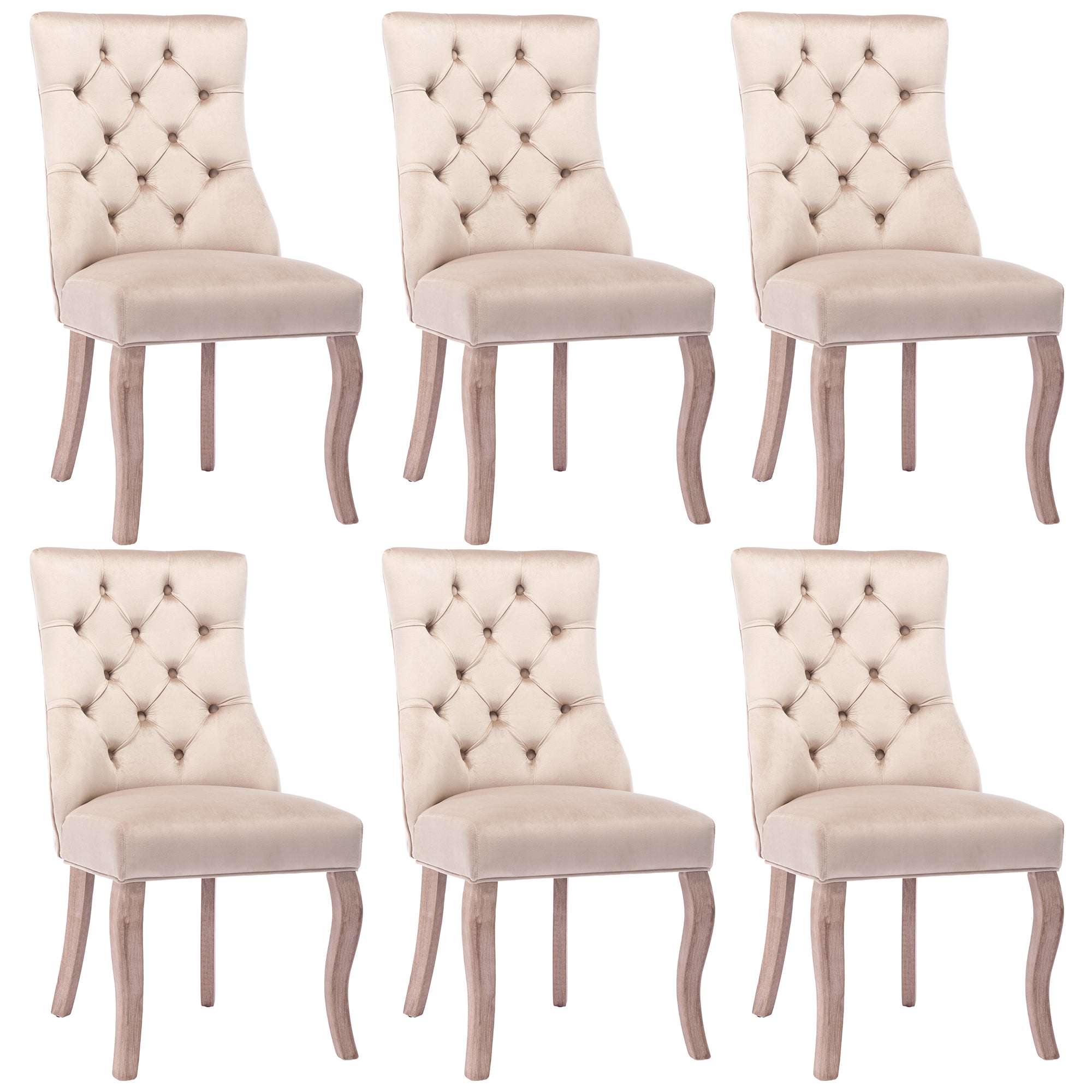 Dining Chair, 4-Legged High Back with Button Stitching (Set of 6), Beige Velvet