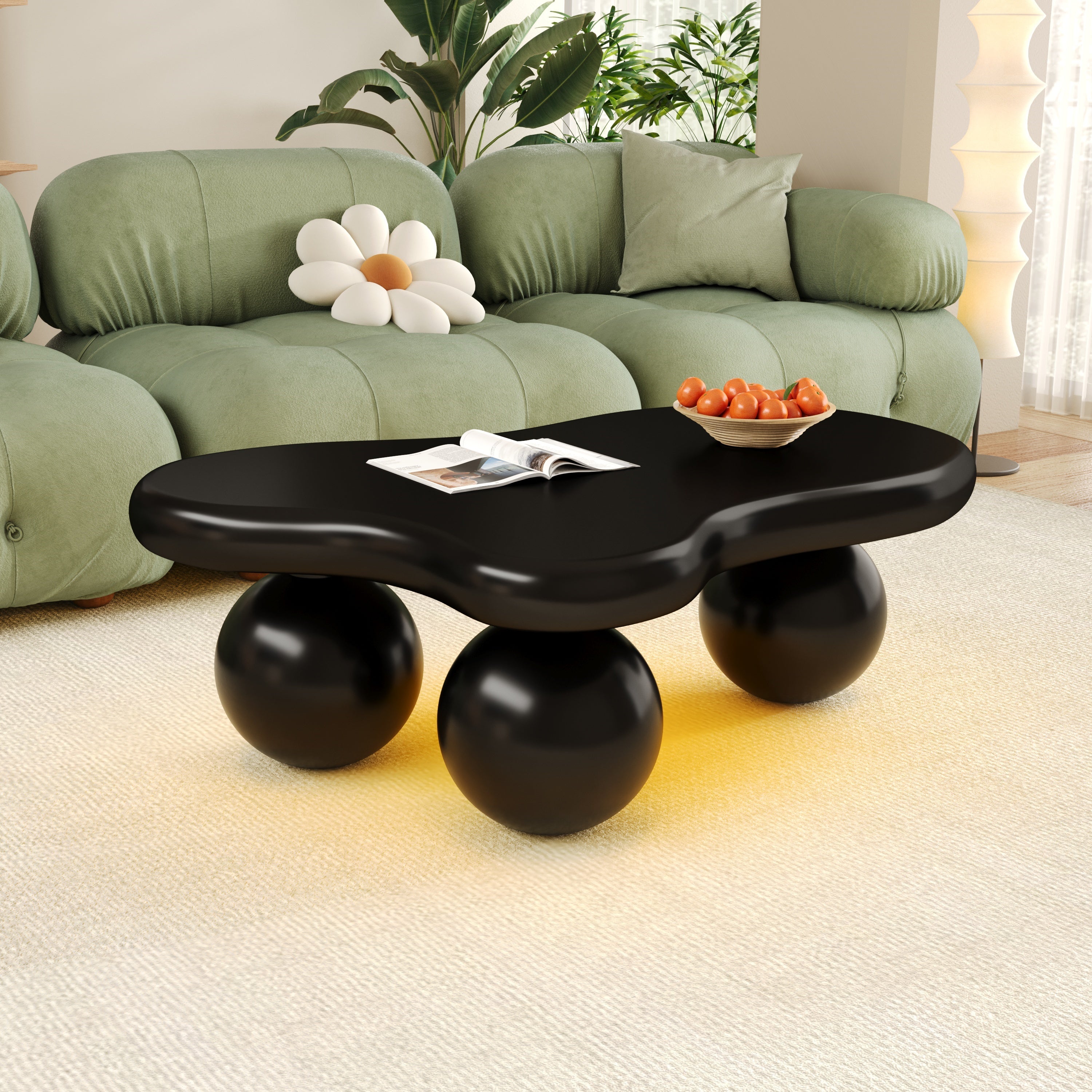 Coffee Table, Cloud-Shaped with LED Lighting & Round Legs, Black