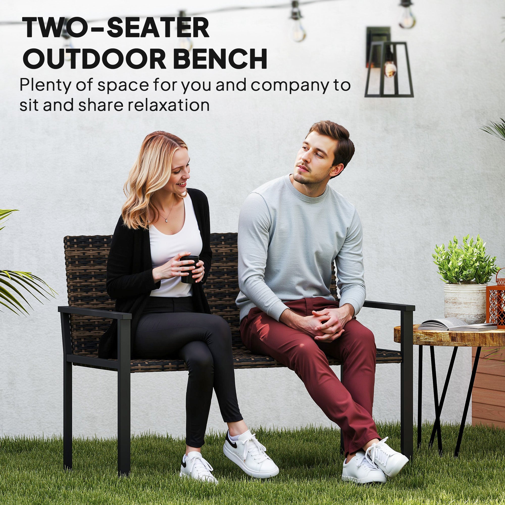 2 Seater Rattan Garden Bench Quick-Drying Cotton Padding Loveseat, Mixed Brown