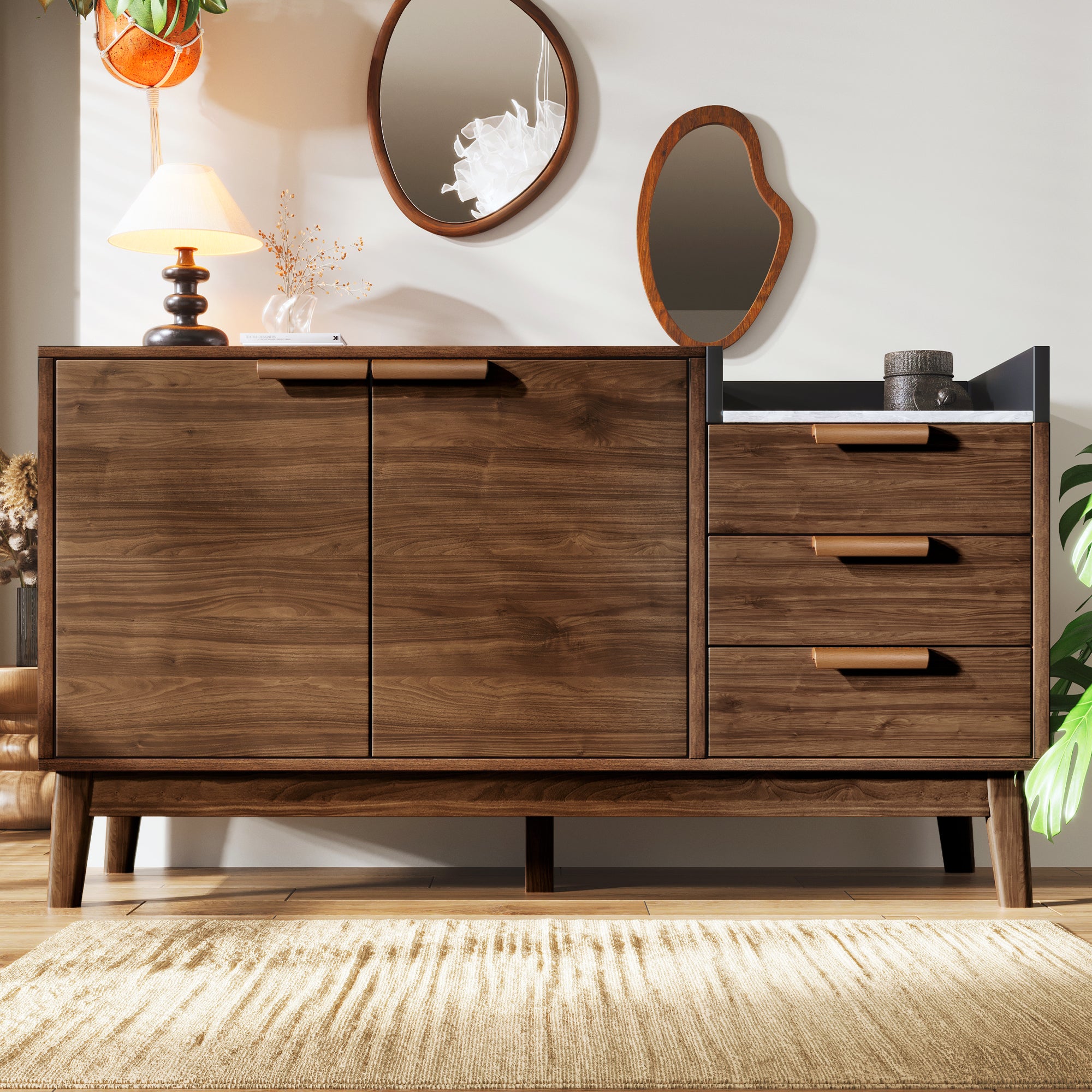Chest of Drawers, Open Shelf, 3 Drawers & Double-Door Cabinet, Oak with Marble-Effect