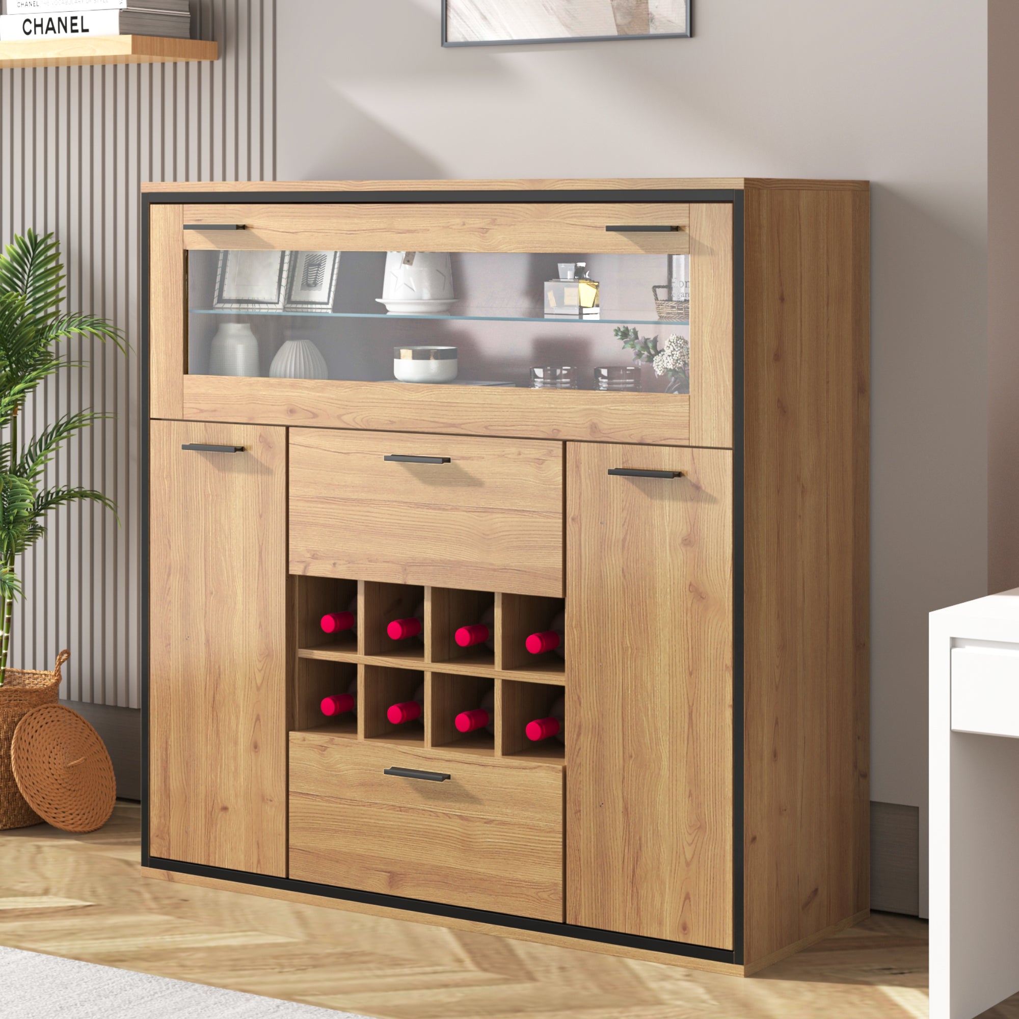Sideboard, Elegant Wine Cabinet with Double Doors, Glass Shelf & Wine Holder