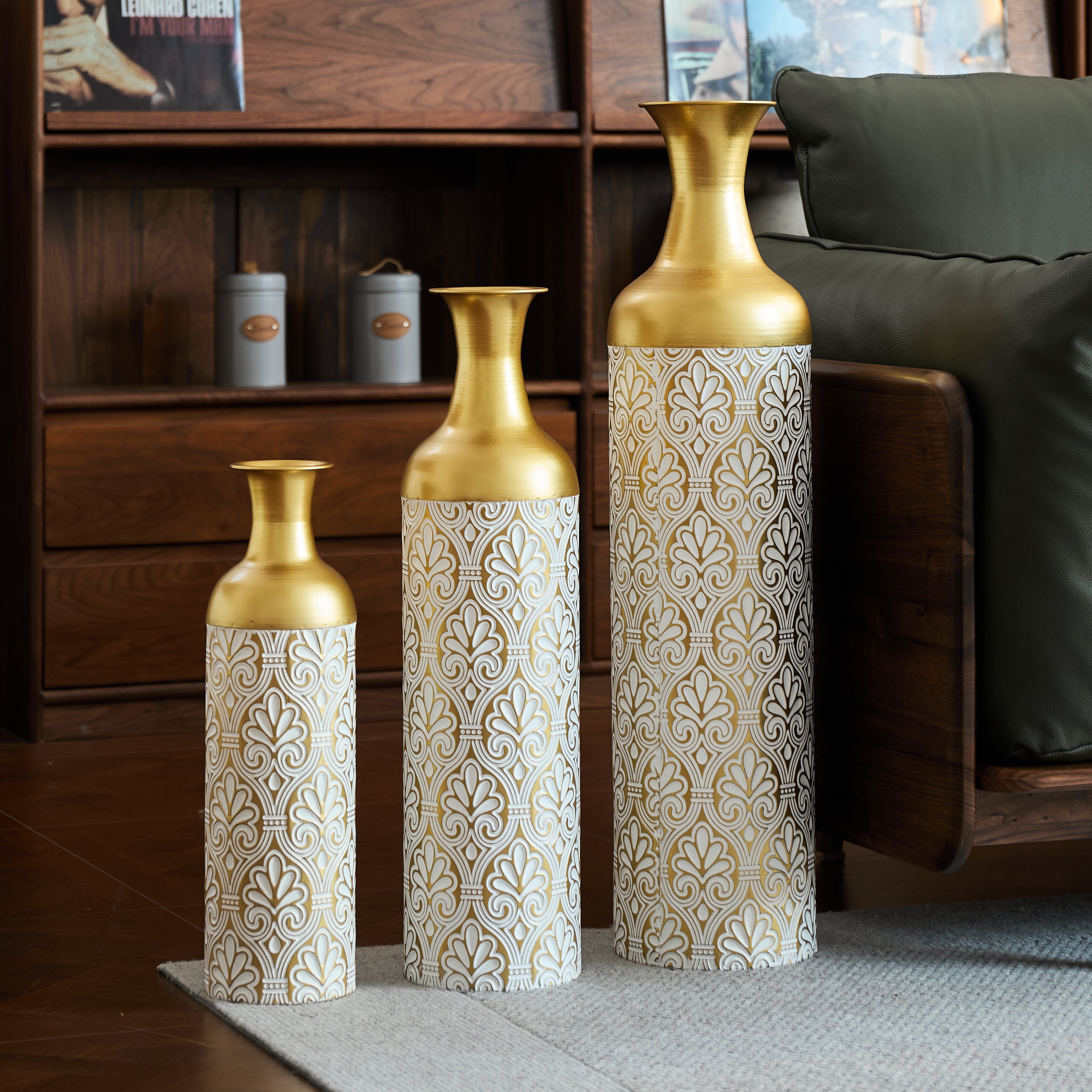 Floor Vase Set 3 Large Decorative 83/65/50cm High White Gold Metal