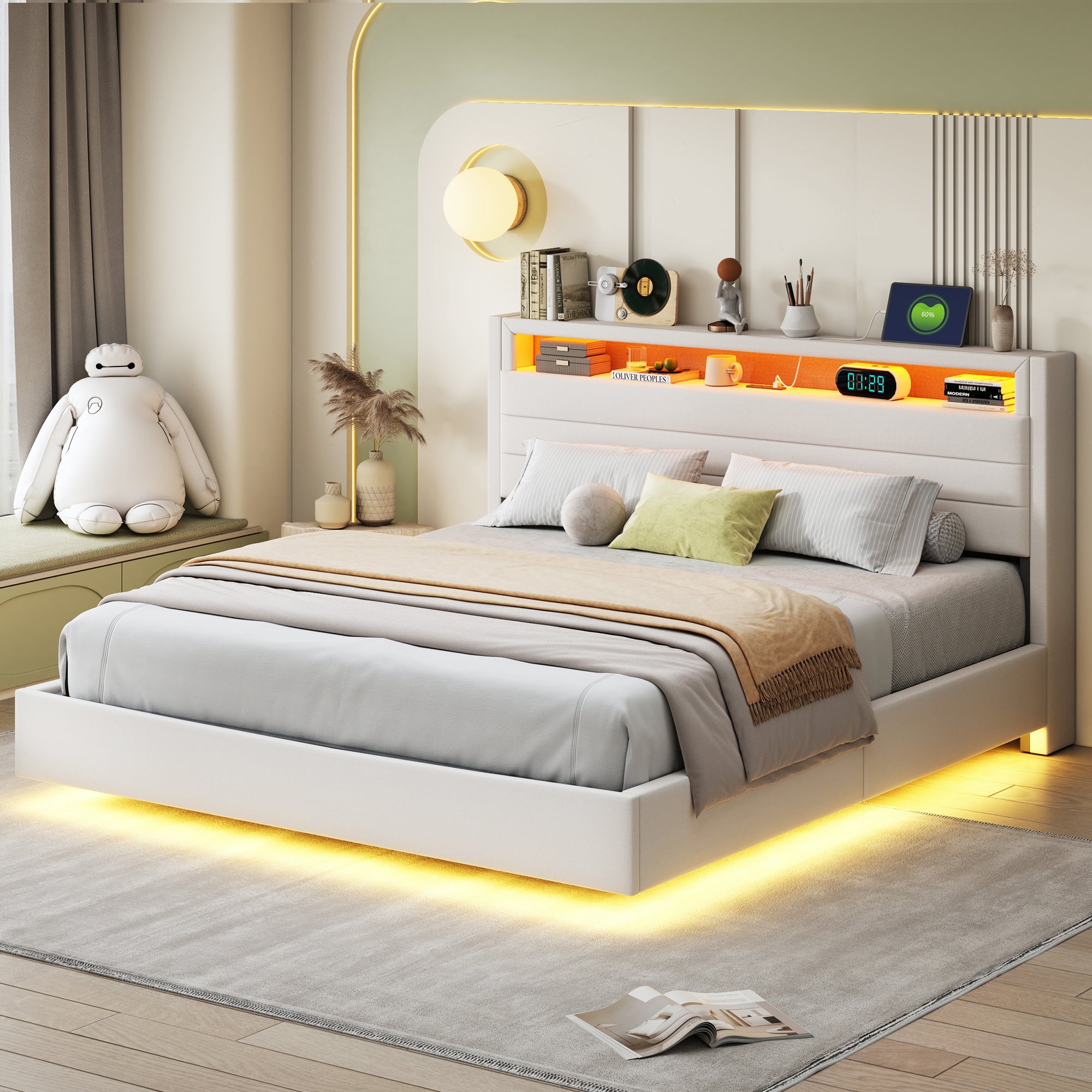 Upholstered Bed, Hydraulic Floating with Storage, USB & LED, Reversible Headboard, Linen Beige