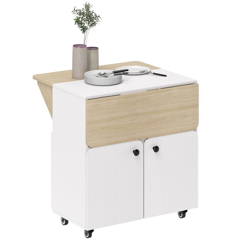 Folding Table with Rolling Cabinet, Two Folding Sides, 4 Casters, White + Natural Wood