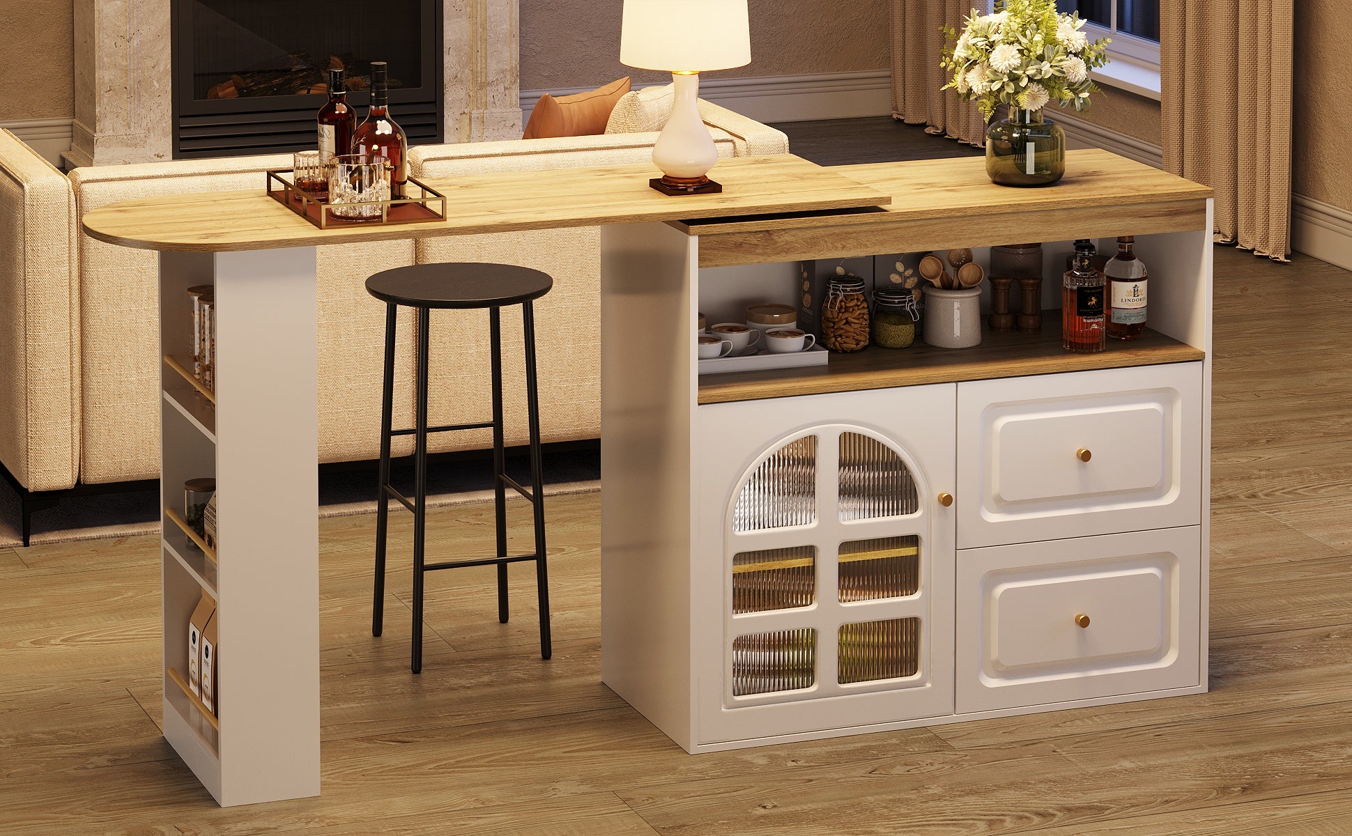 Rotating Dining Bar Sideboard 360° Swivel with 2 Drawers Snack Shelf Curved Glass White