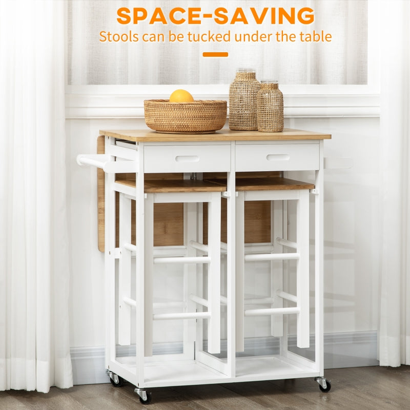 Kitchen Island Set with 2 Stools, Drop Leaf Top, Drawers & Towel Rack, Bamboo White
