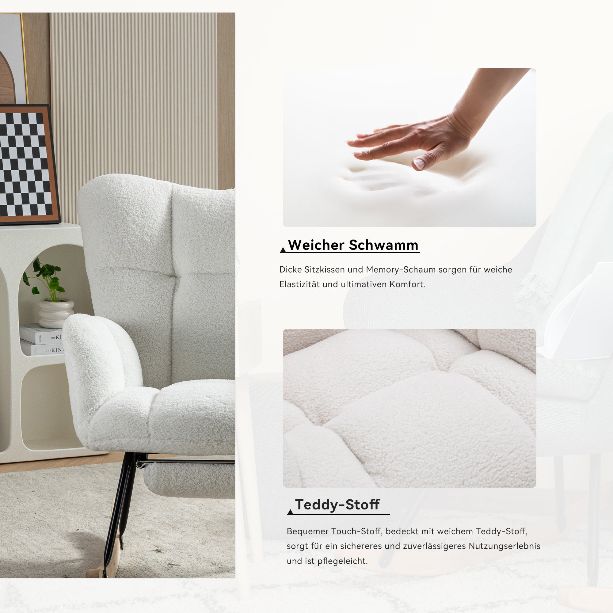 009B Rocking Chair, Upholstered with Retractable Footrest, White Teddy Fabric