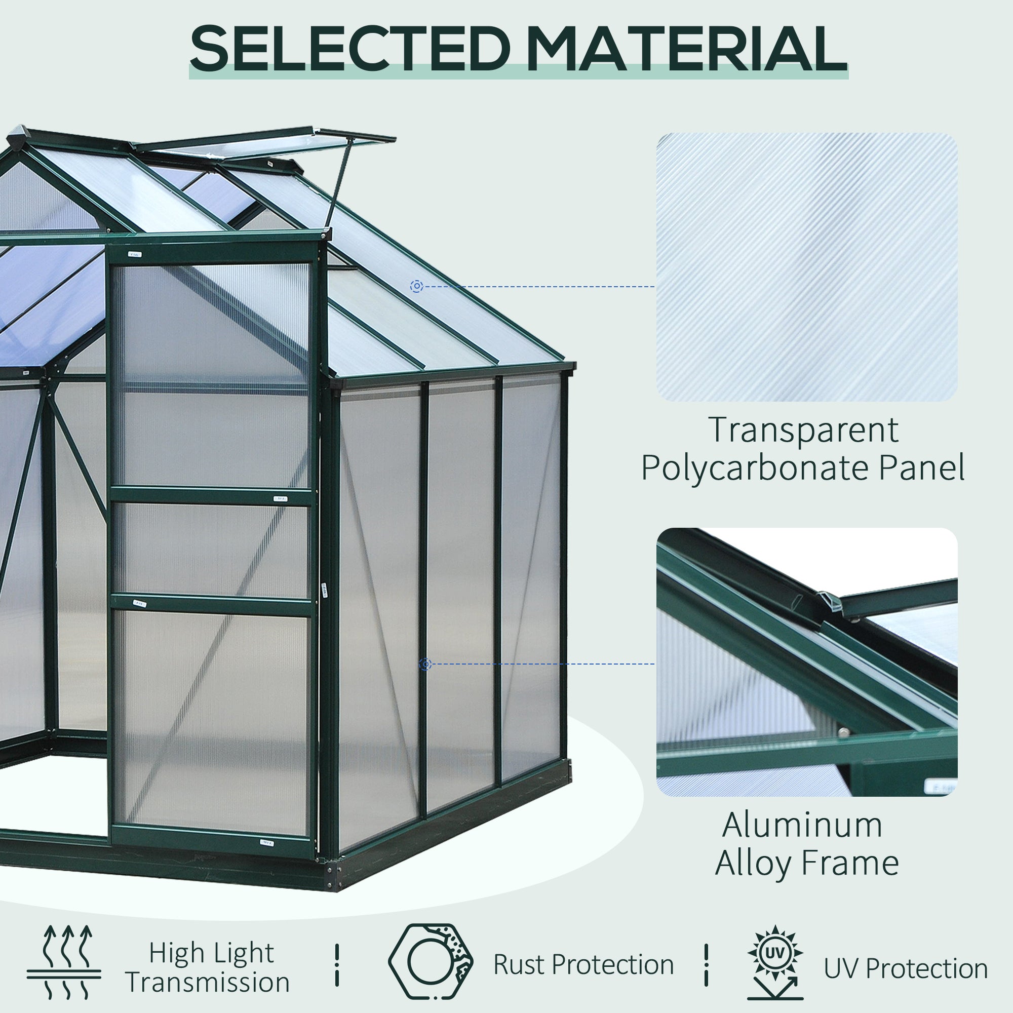 Polycarbonate Greenhouse, 6 x 6ft Walk-In with Slide Door and Window, Dark Green