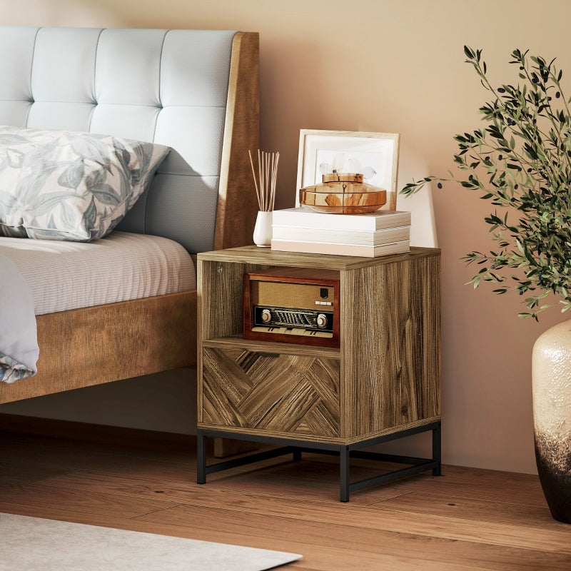 Bedside Table with Drawer and Shelf, Steel Legs, Brown Wood Effect