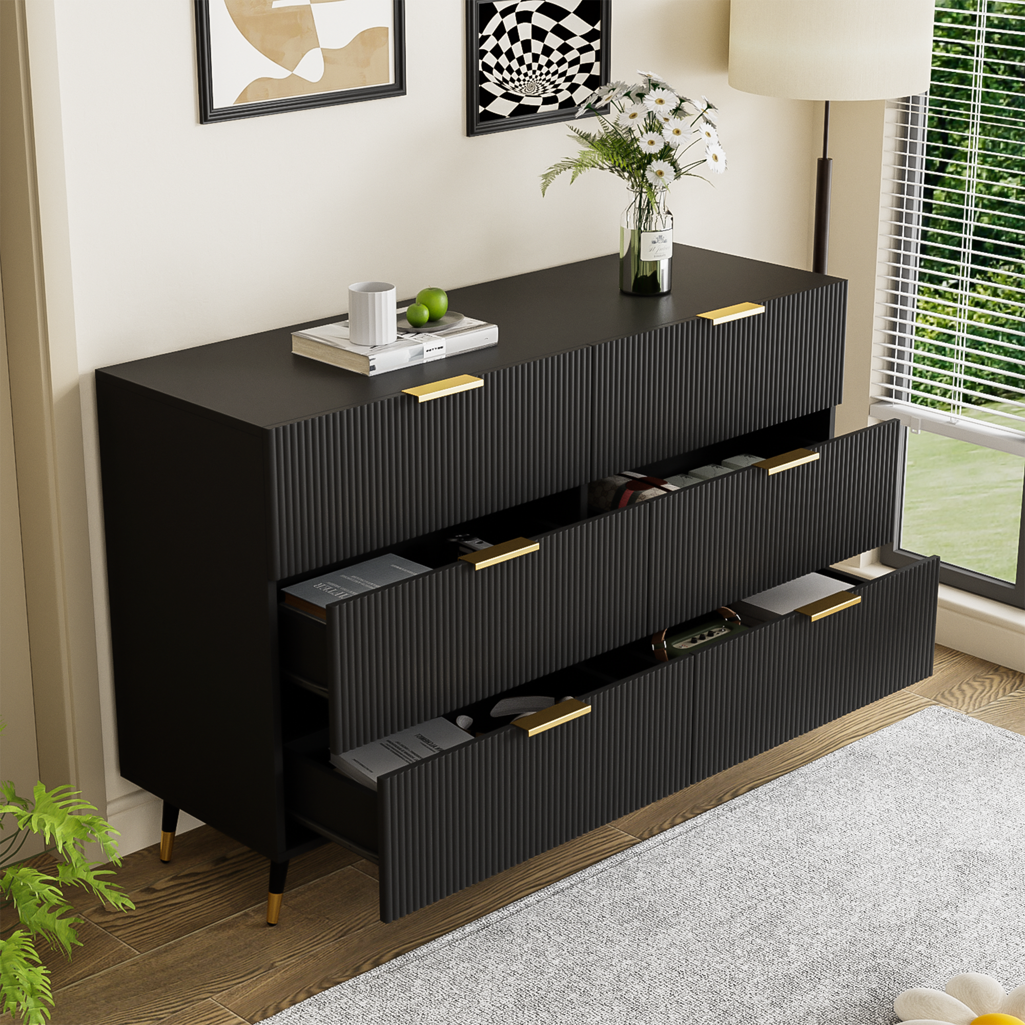 Sideboard, Modern Design Chest of Drawers, Black and Gold
