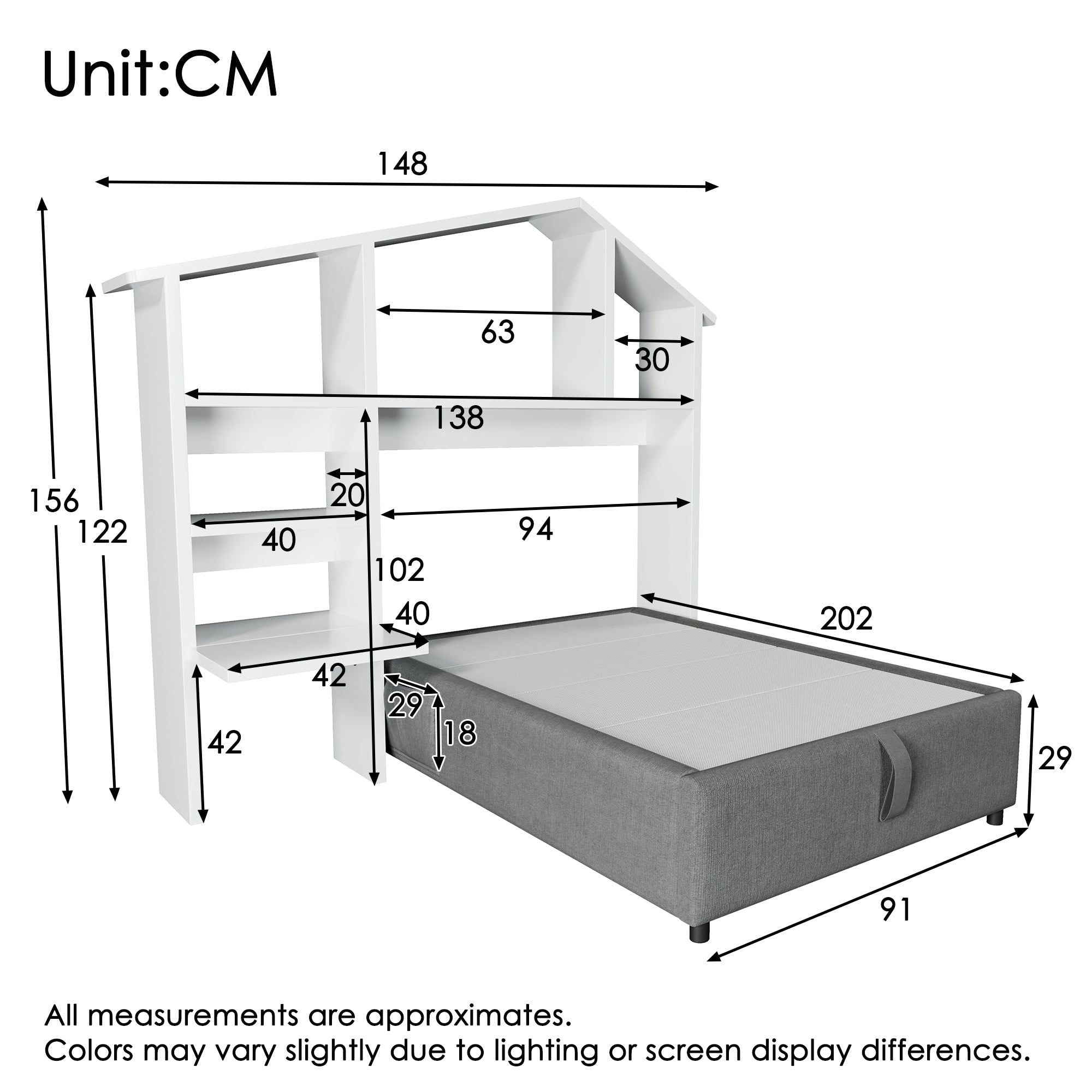 Children's Upholstered Bed, 90x200 cm, with Bookcase, Hydraulic Storage, USB-C, Single, Grey Linen