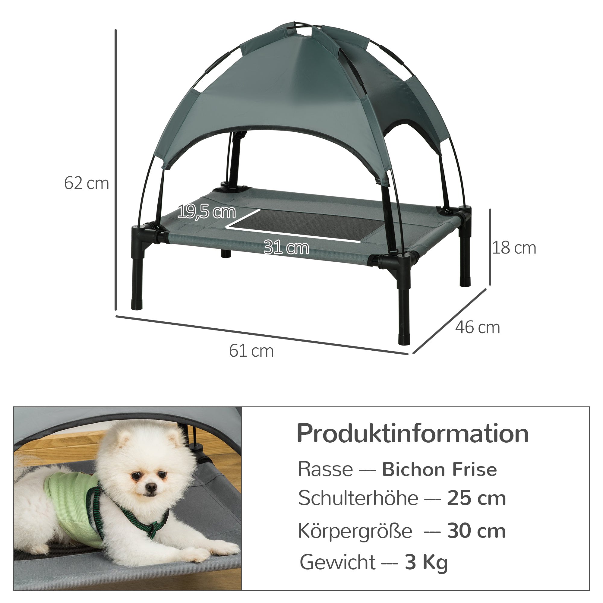 PawHut Outdoor Dog Bed with Roof, Elevated with Canopy, Breathable Taffeta Fabric, Grey