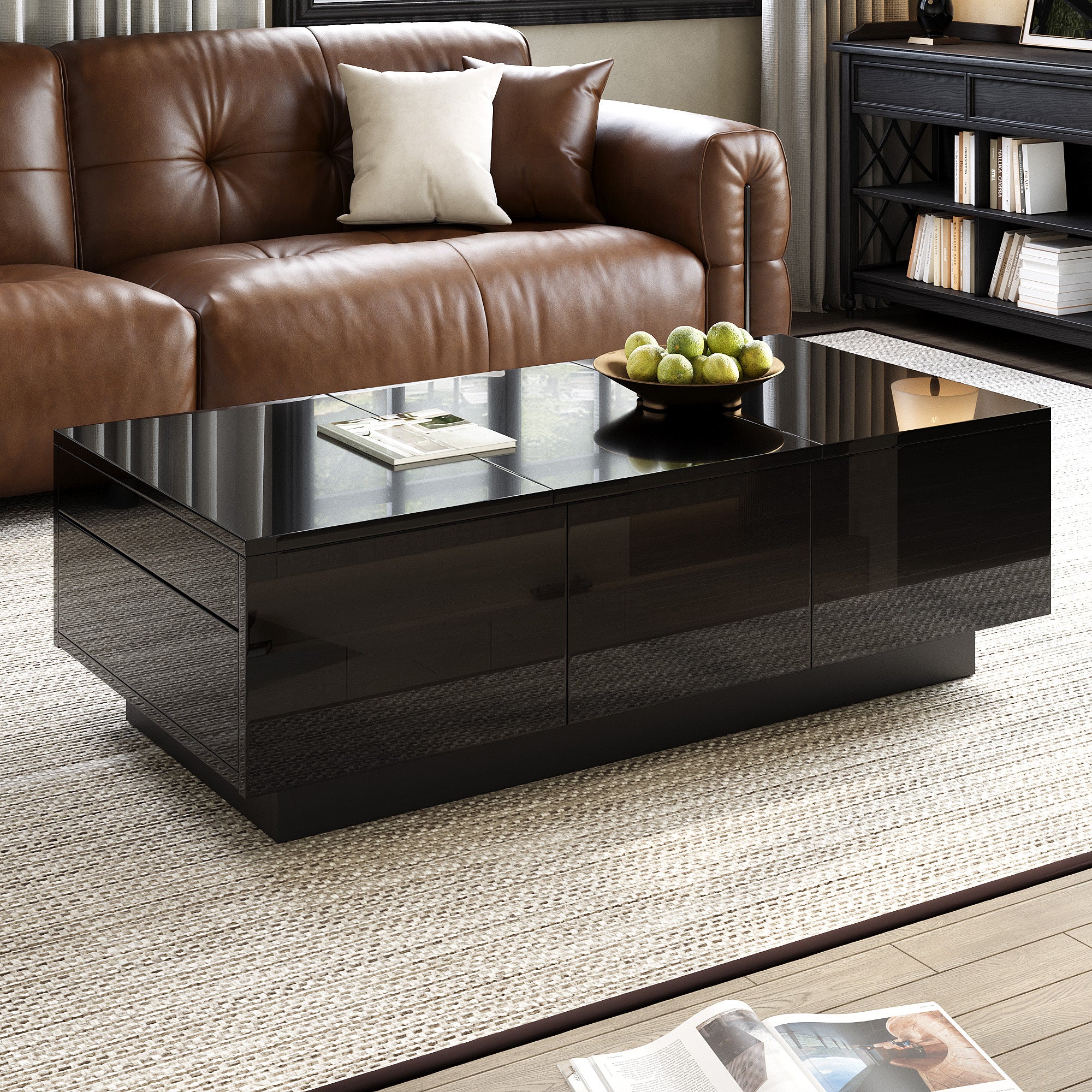 Coffee Table Modern Rectangular High-Gloss with Drawers Sliding Compartment Black