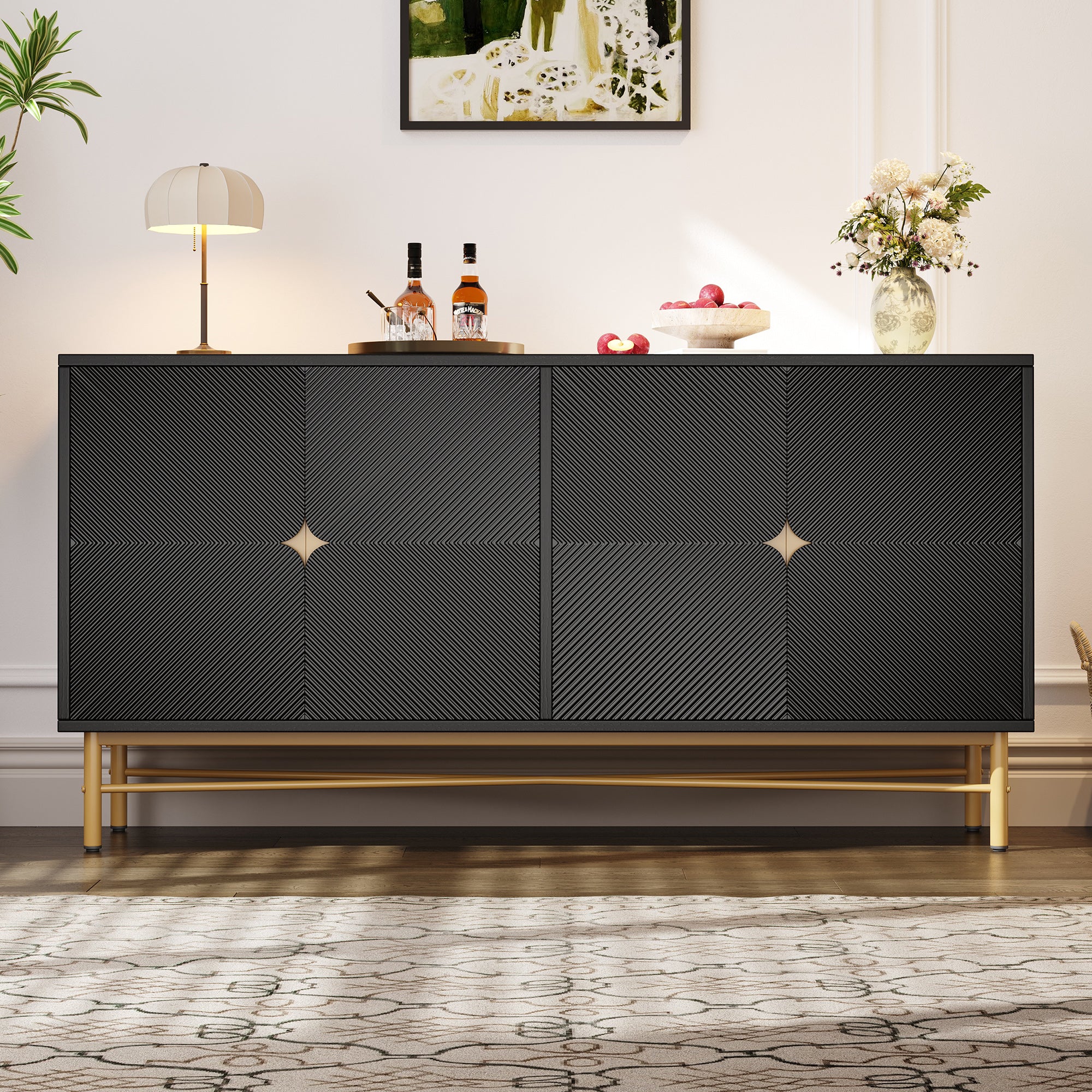 Sideboard Raised Texture 160cm, Cabinet Four Doors, Golden Brushed Handles and High-Gloss Table Legs, Black