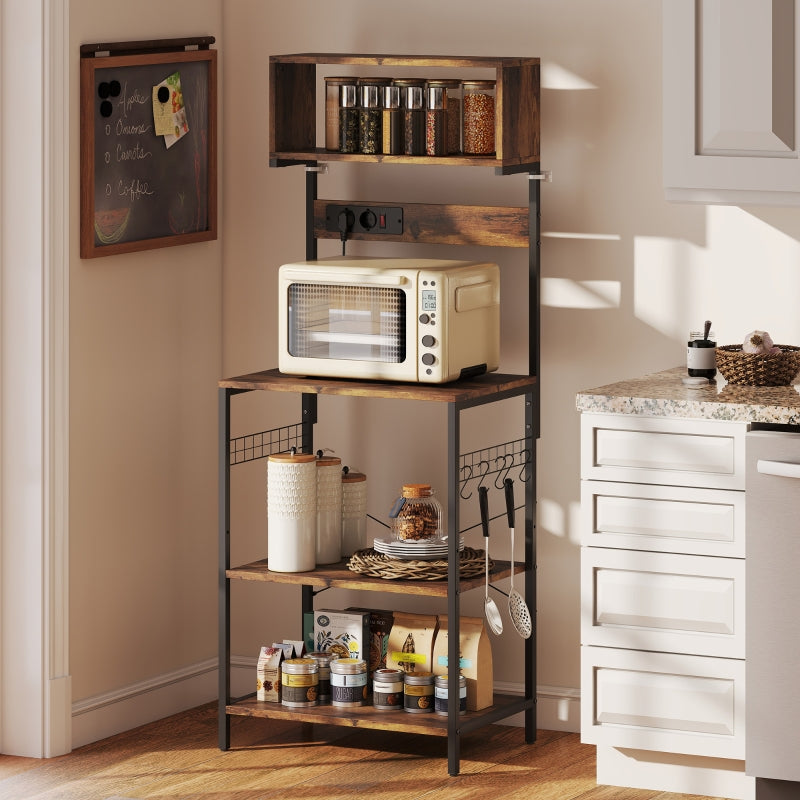 Freestanding Kitchen Shelf 5 Shelves 5 Hooks Power Outlet - Rustic Brown