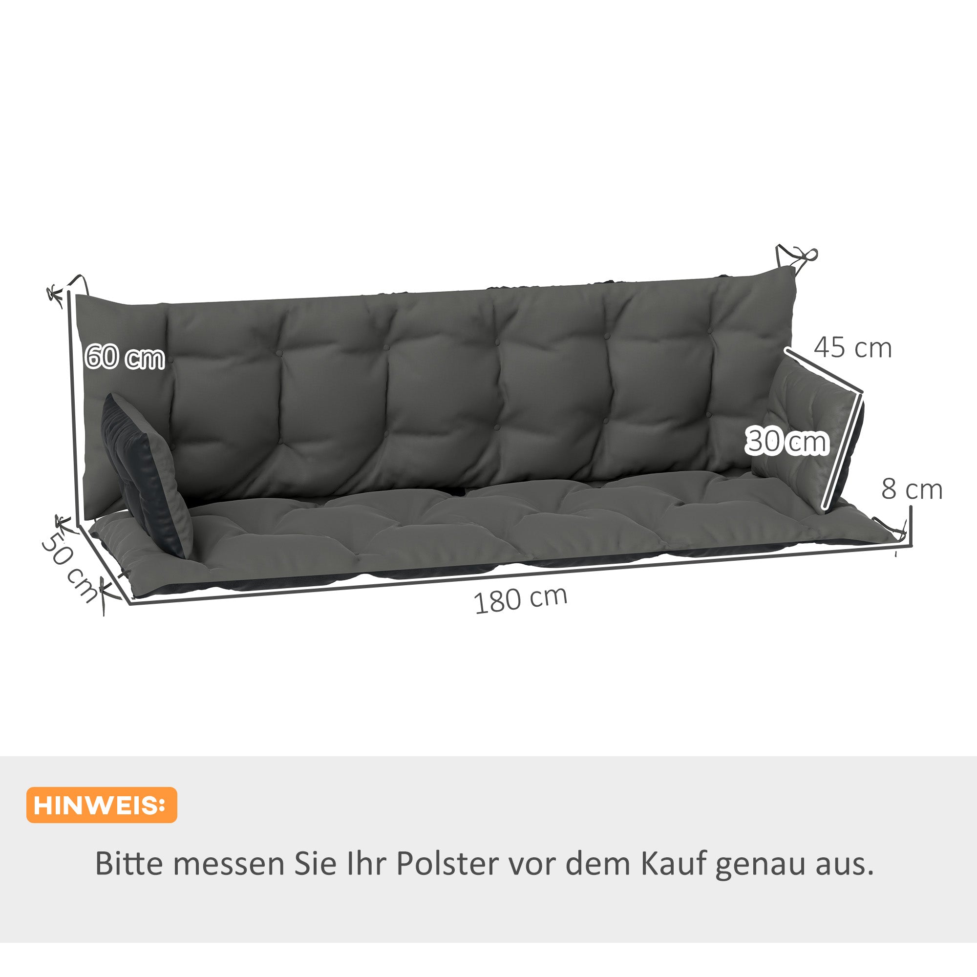 3-Seater Bench Cushion, 180x110x8 cm, with Ties, Dark Grey + Black