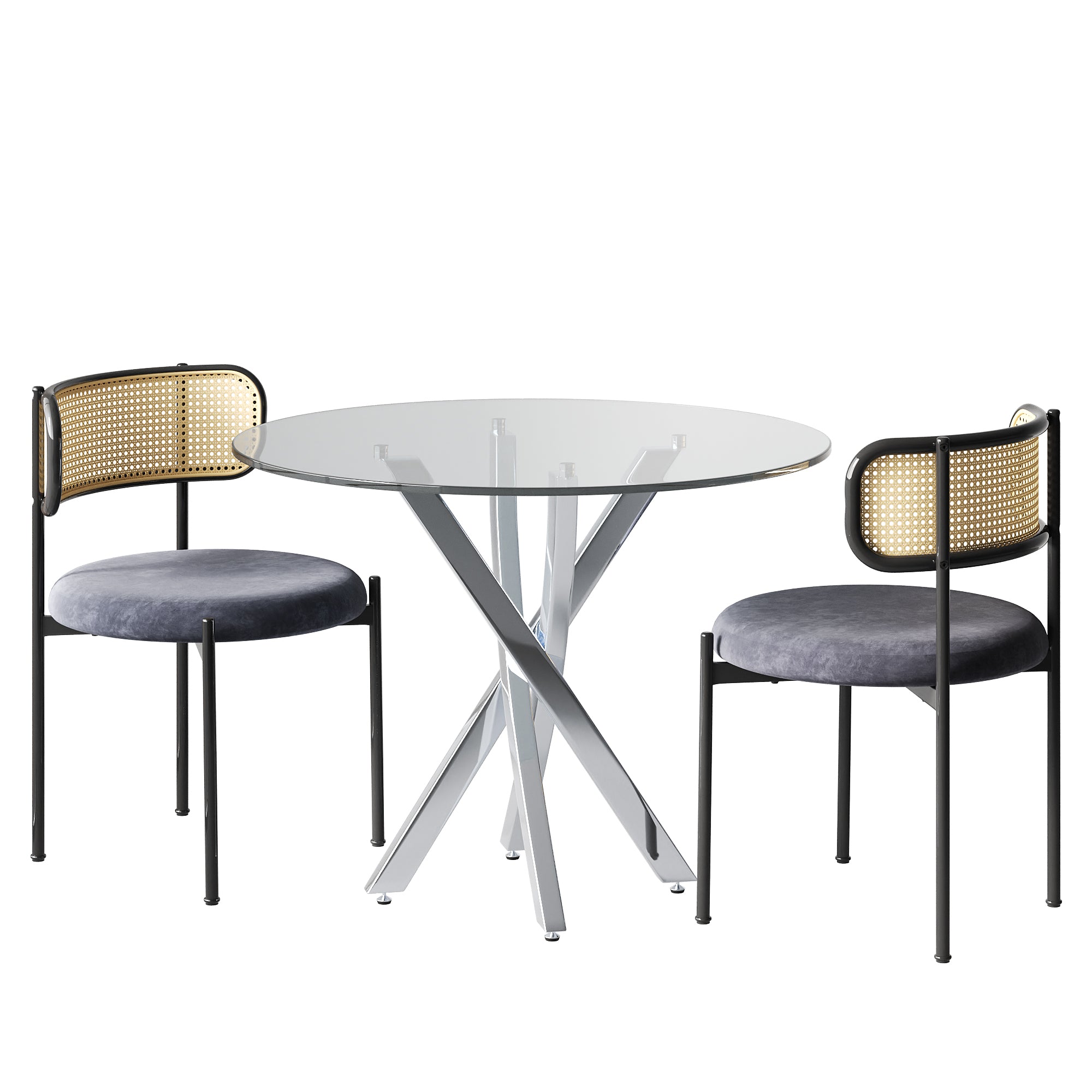 Dining Table Set, 80x80cm Tempered Glass Top, Modern 3-Piece, Grey Chairs/Silver Legs