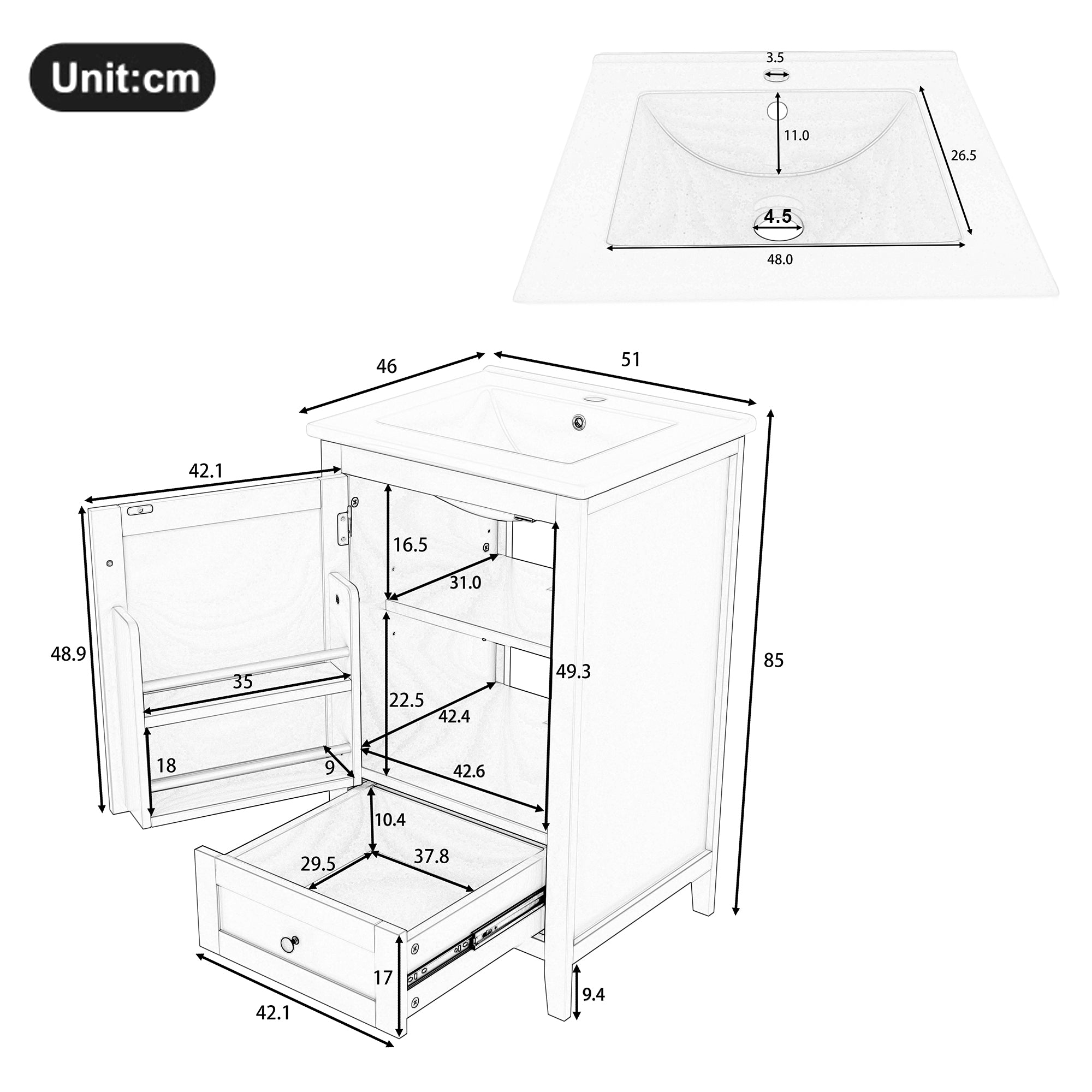 Floor-standing Bathroom Cabinet with Ceramic Sink and Storage Drawer, White