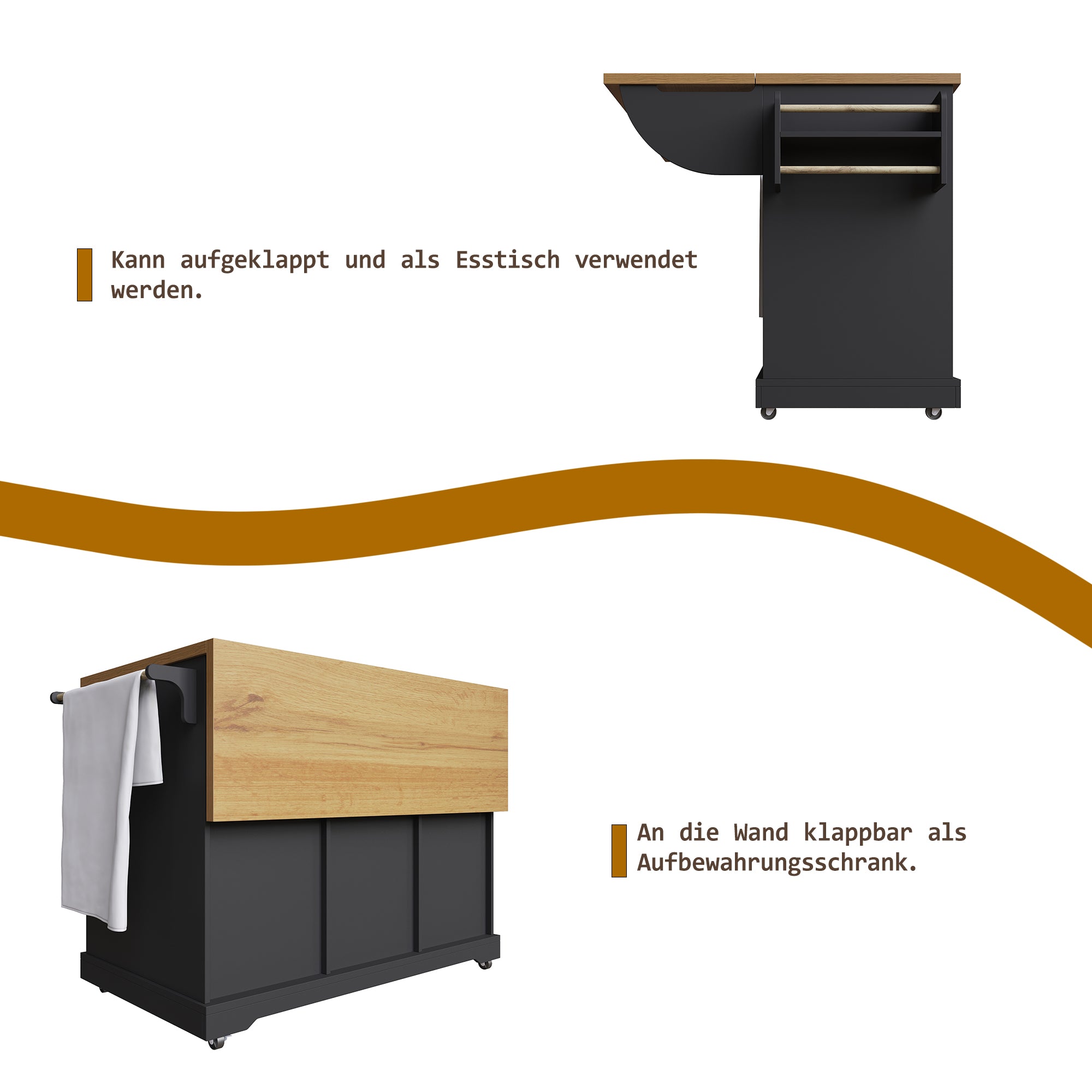 Kitchen Island with Multifunctional Serving Trolley and Large Storage Space, Black Wood Grain
