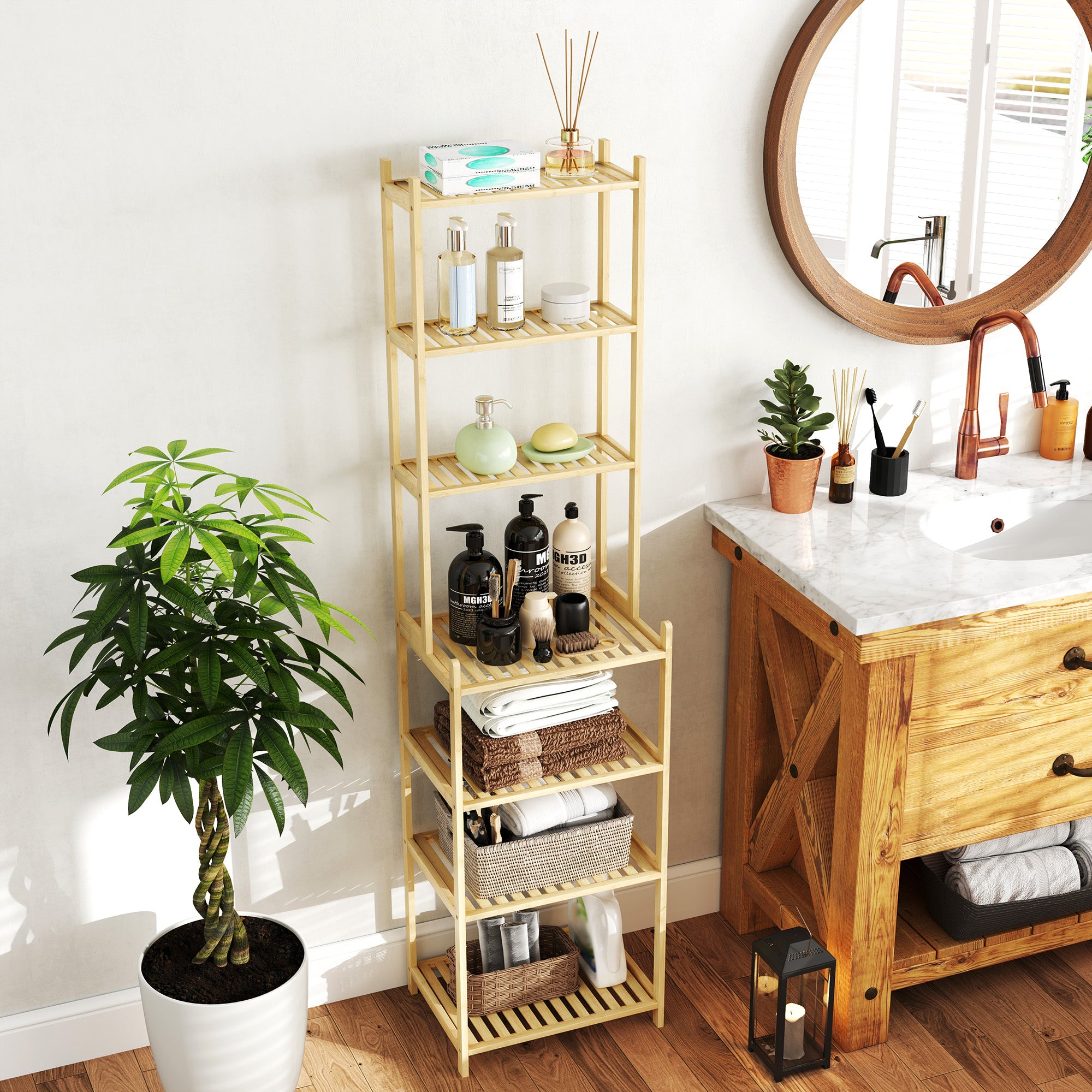 Bathroom Shelf, 7-Tier Storage Rack, Natural Bamboo