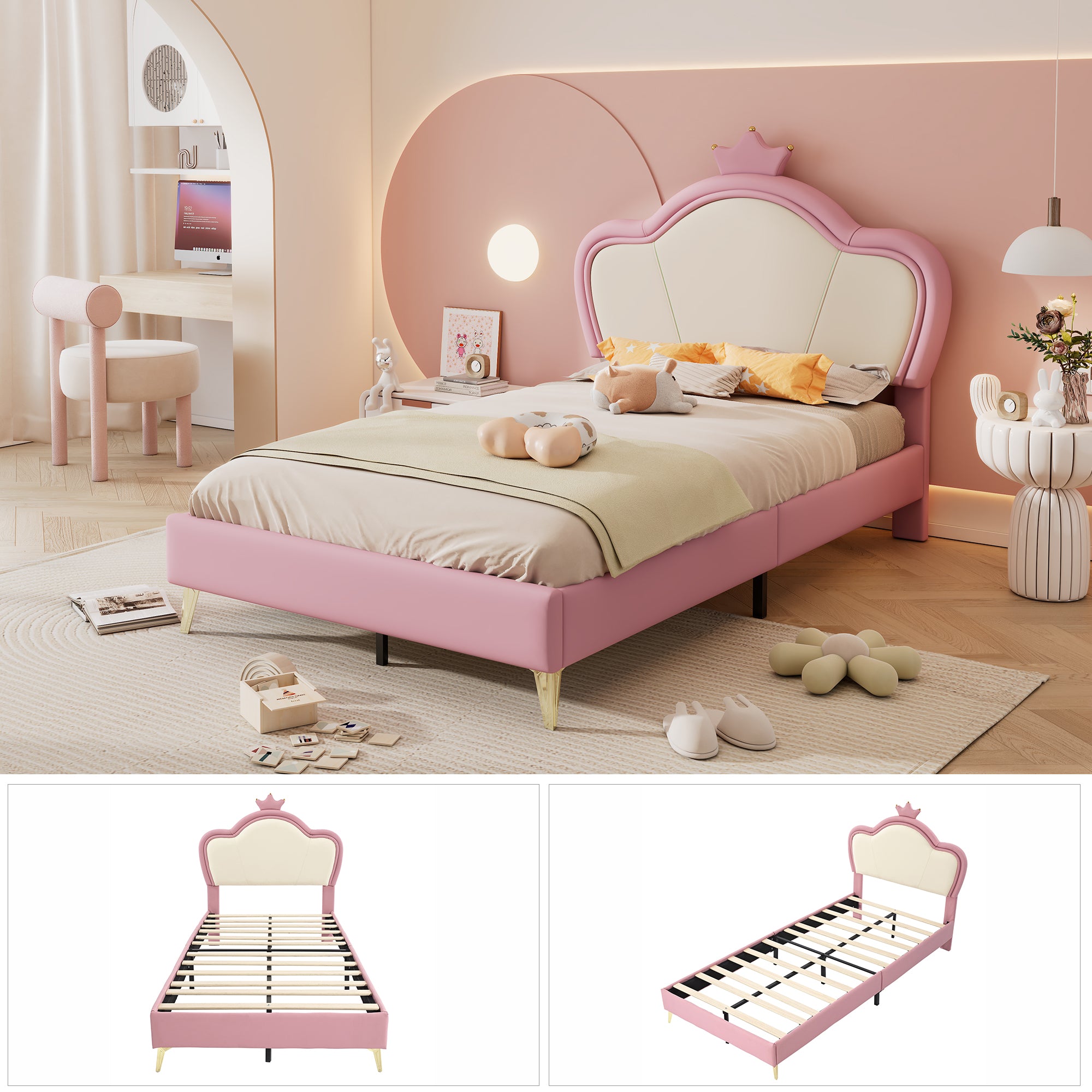 Kids Upholstered Single Bed – Crown Headboard, Pink & White PU