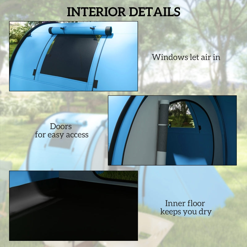Four Man Tent, Duo Room Tunnel Design with Accessories, Sky Blue