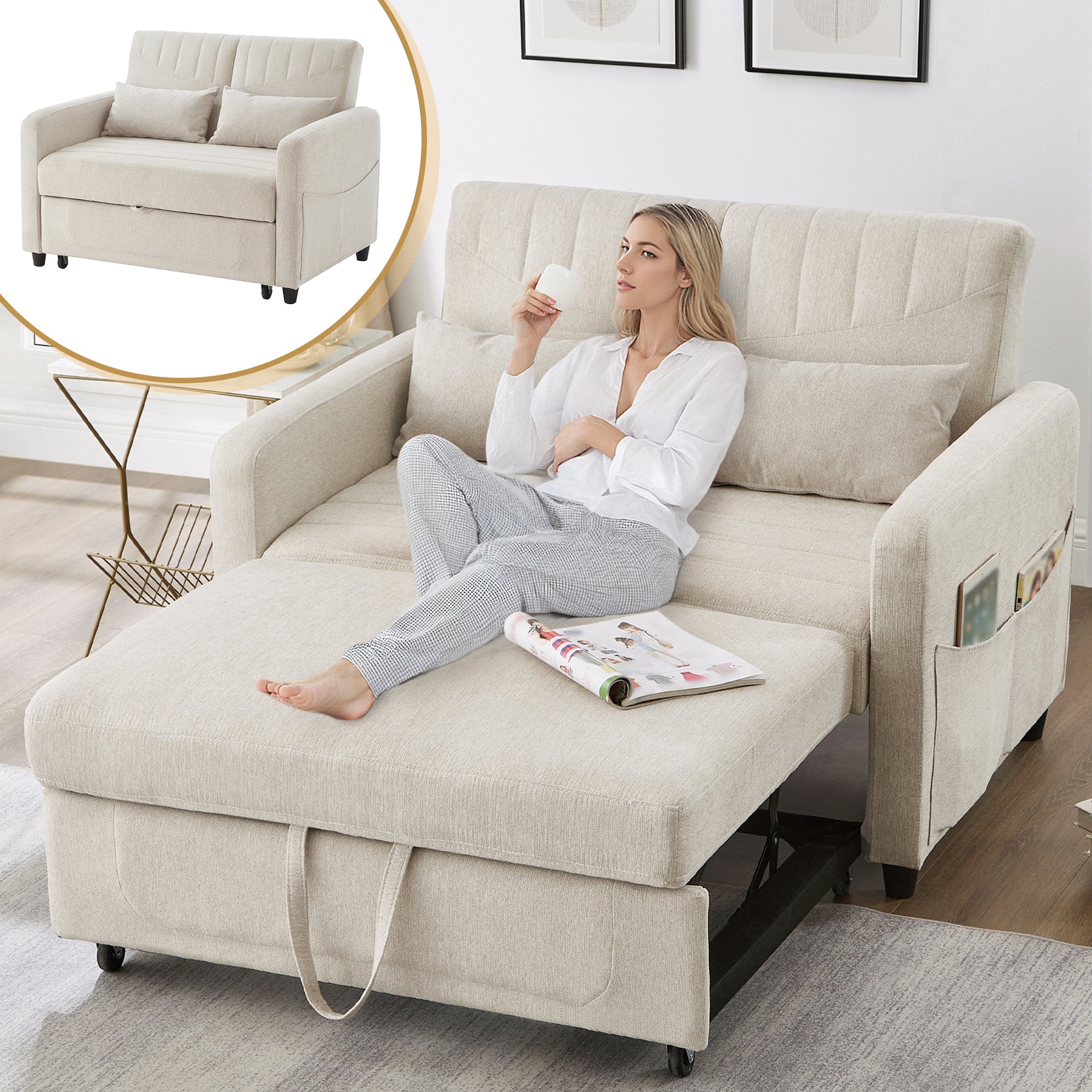 Sofa Bed, Two-seater Folding Extendable with Adjustable Backrest, Cotton Linen Fabric