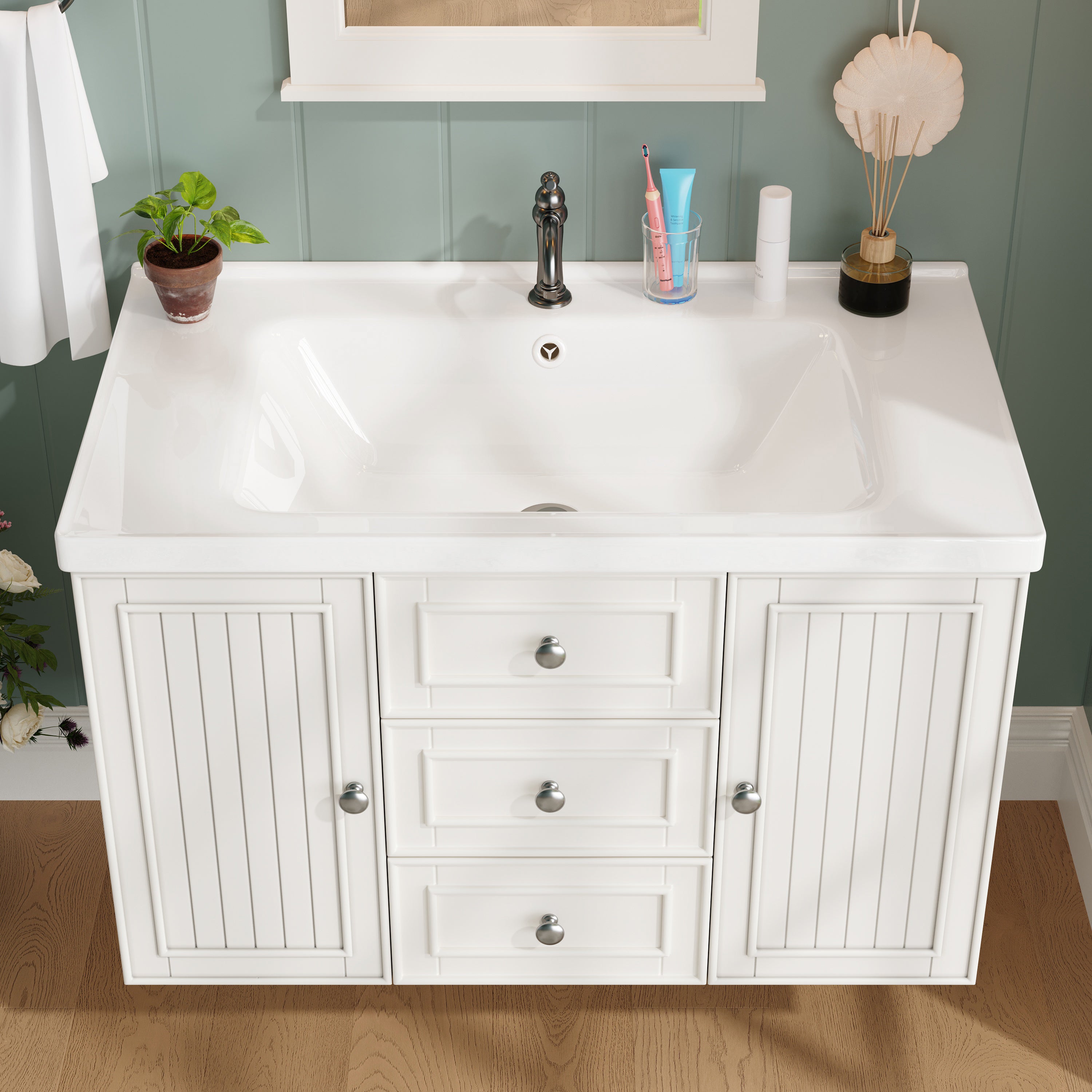 Wall-Mounted Vanity Unit 78.5cm With Sink 3 Drawers - White