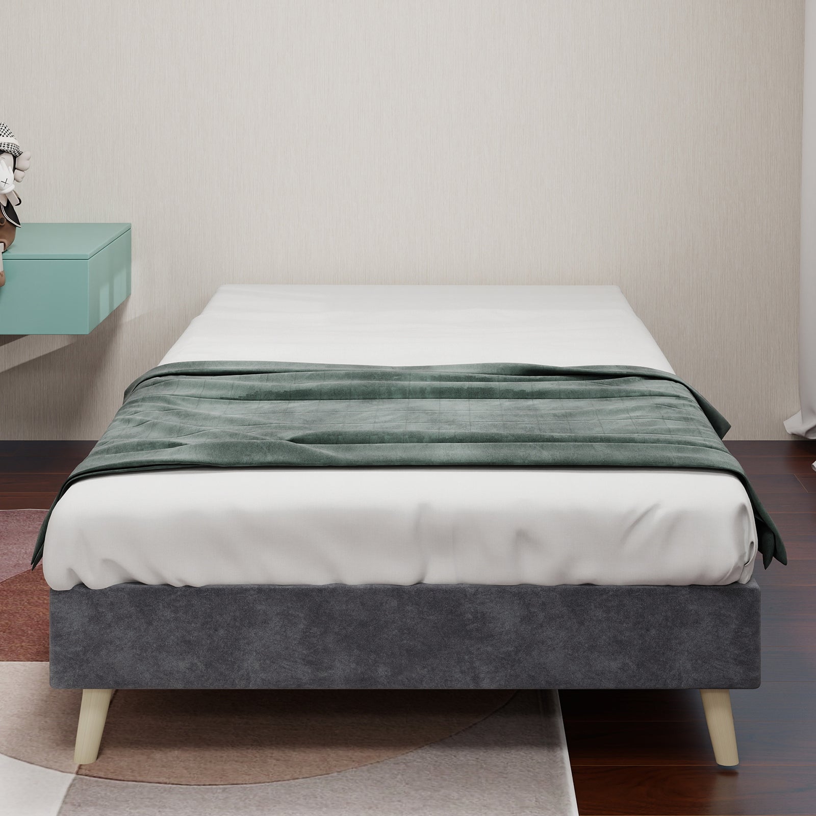 Modern Minimalist Bed Frame, Low-Profile Base 90x200 cm, Grey Dutch Velvet Fabric