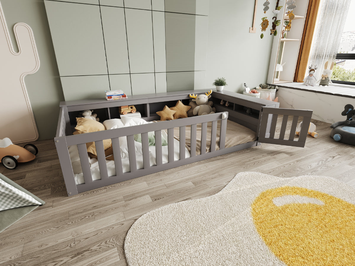 Multifunctional Children's Bed with Storage, Safety Gate & Slatted Frame, Grey