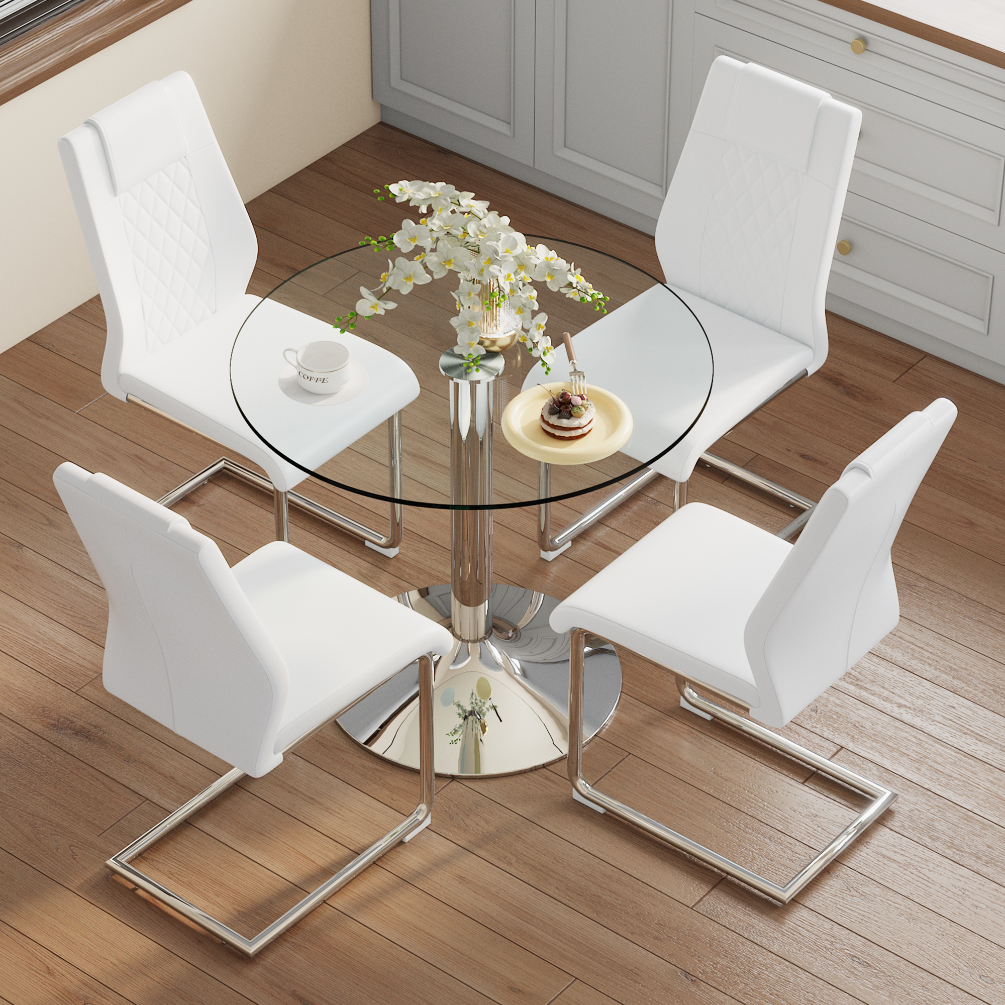 Dining Table Set, Modern Minimalist Glass Table & 4 Chairs, White PU