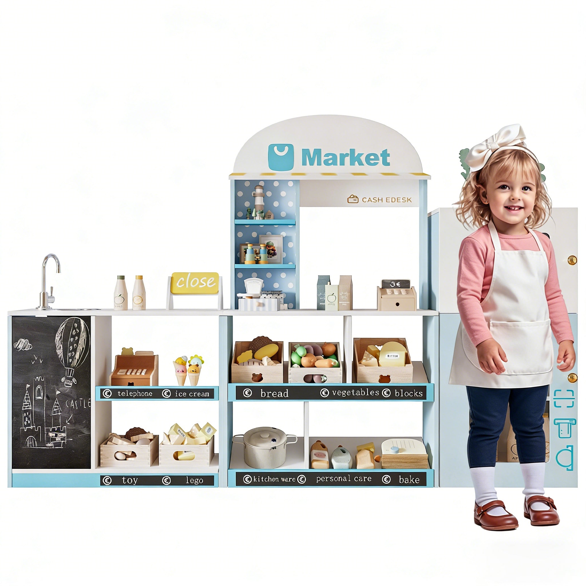 Children's Toy Shop with Shelves, Refrigerator and Chalkboard, Wood and Plastic, Blue