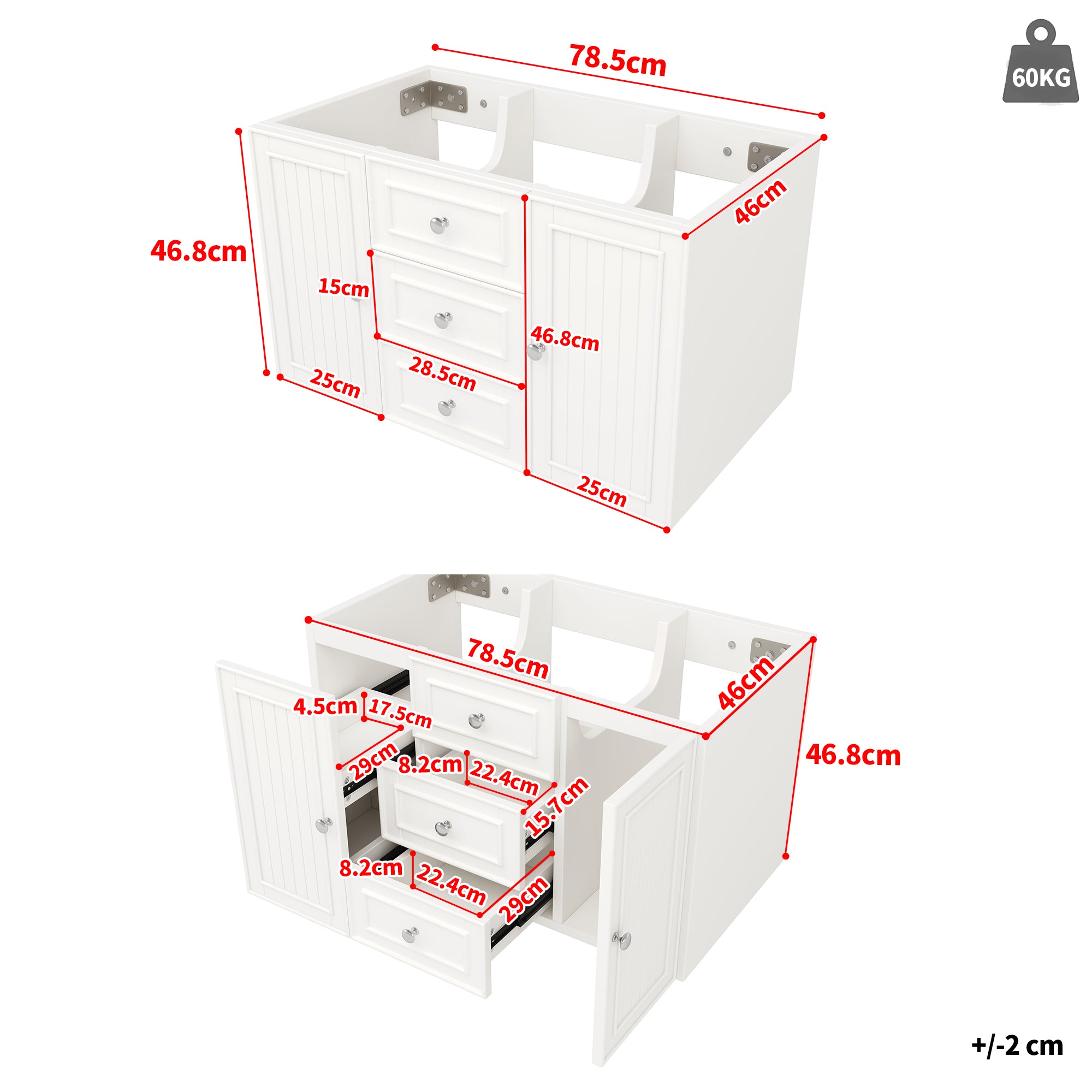 Bathroom Vanity Unit Wall-Mounted 3 Drawers Modern Style 78.5x46x46.8cm - White
