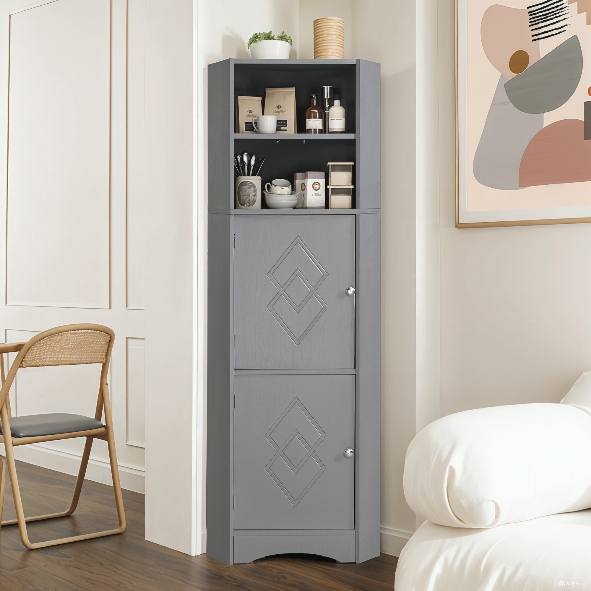 Bathroom Cabinet, Corner with Adjustable Shelf & Storage, Light Grey