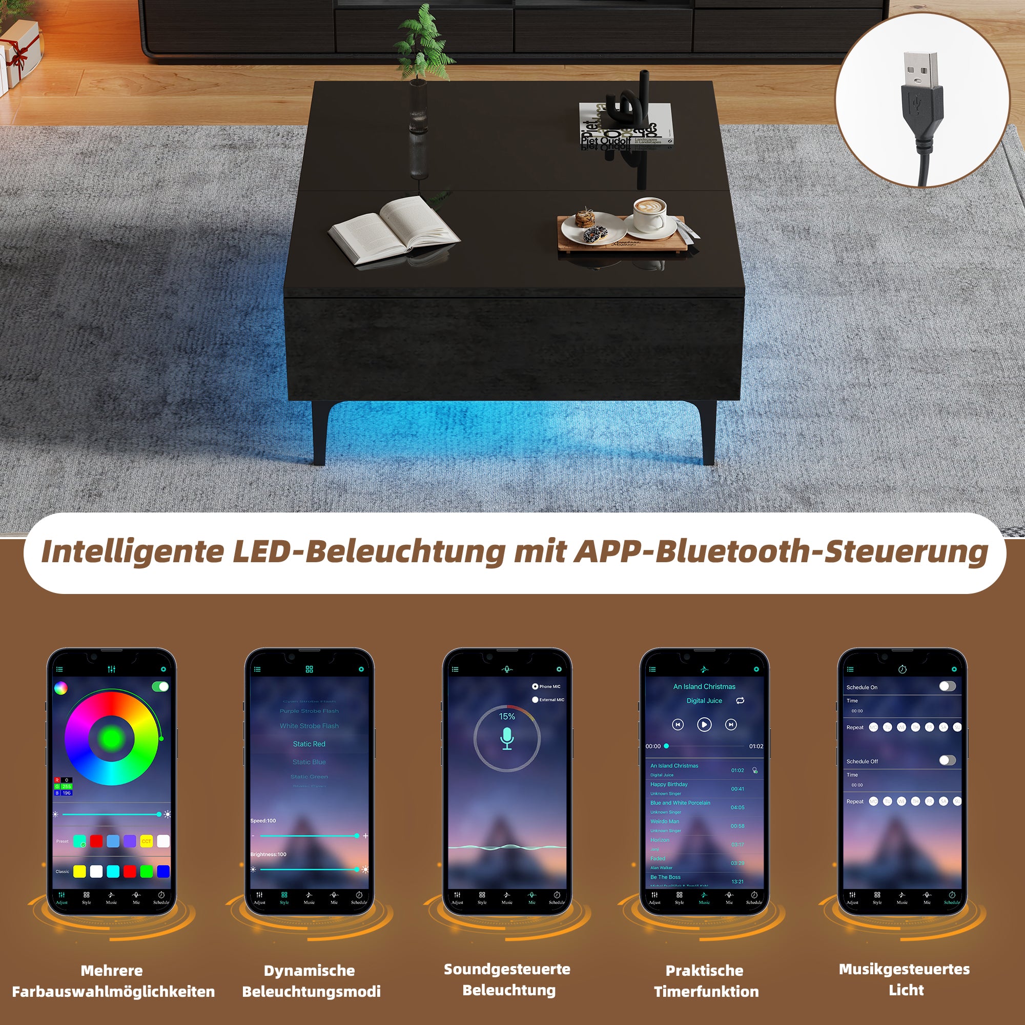 Coffee Table, 70x70x35cm Height-Adjustable with Hidden Storage & Shelves, Black High-Gloss