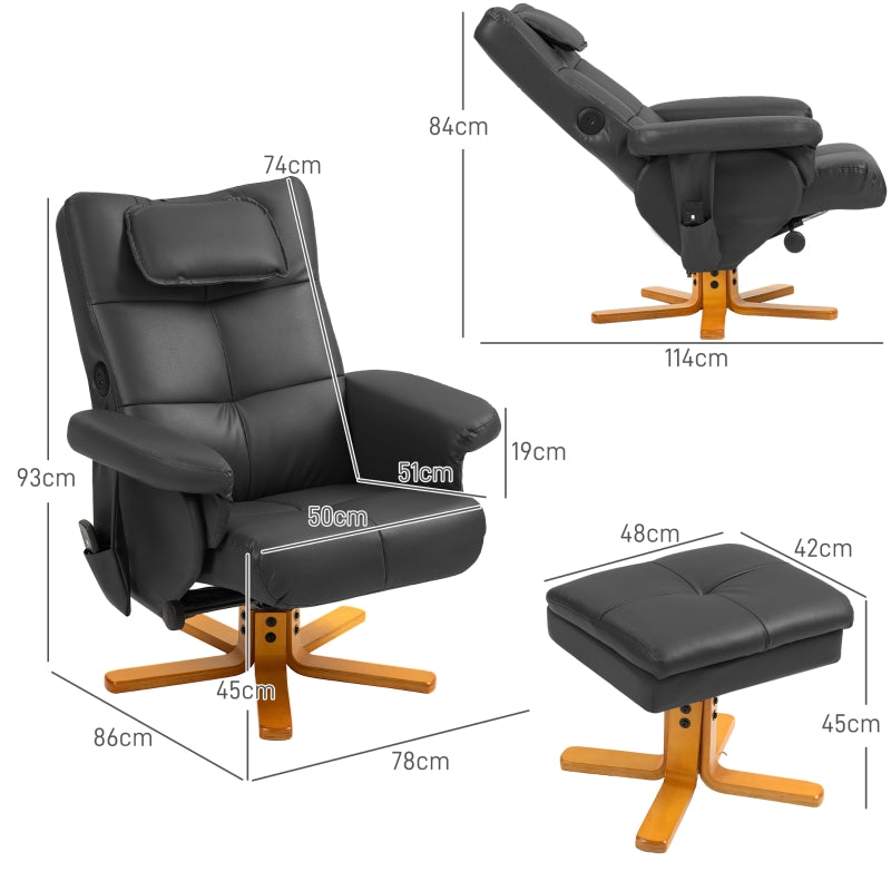 Faux Leather Massage Recliner Chair with Storage Ottoman, Black