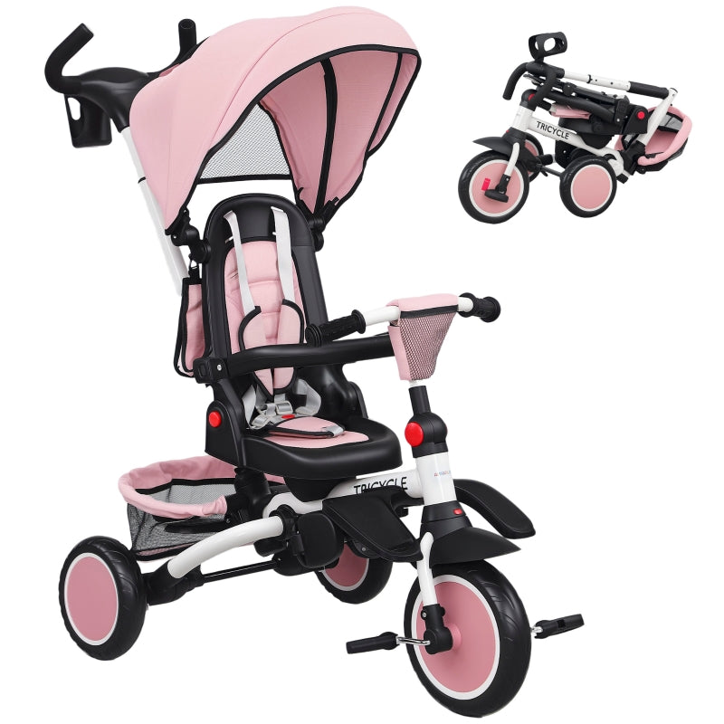 6 in 1 Foldable Kids Trike Adjustable Handle Canopy Pink
